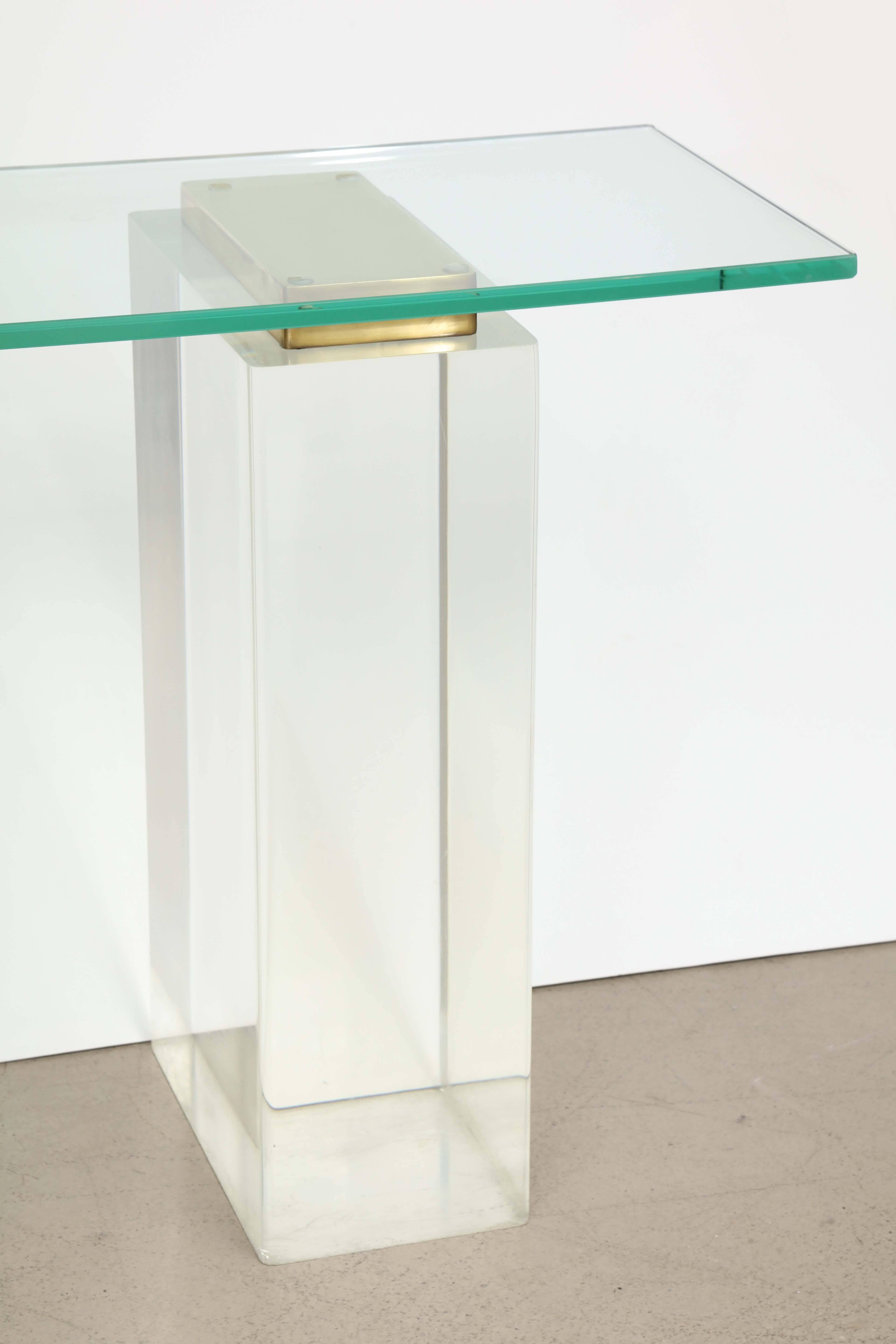 Glass Lucite Console Table with Massive Solid Lucite Columns