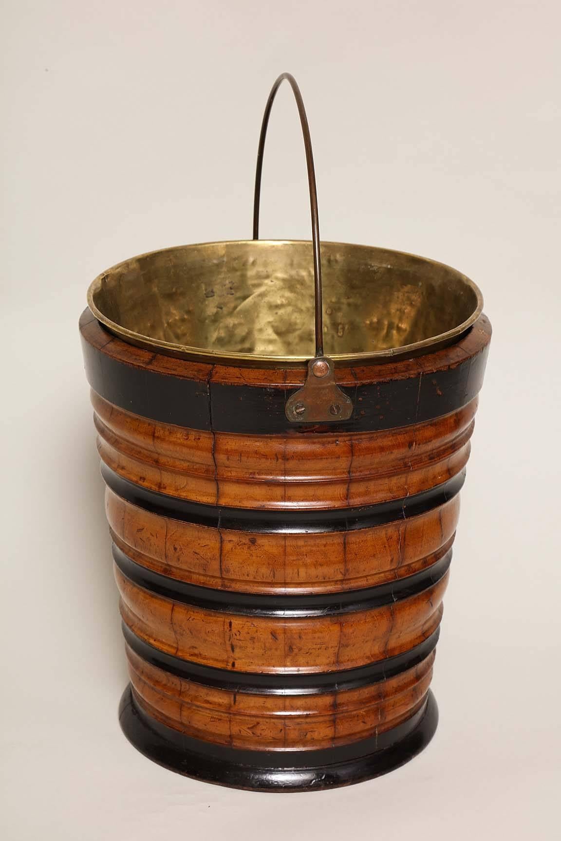 Brass Turned Mahogany Peat Bucket with Ebonized Decoration