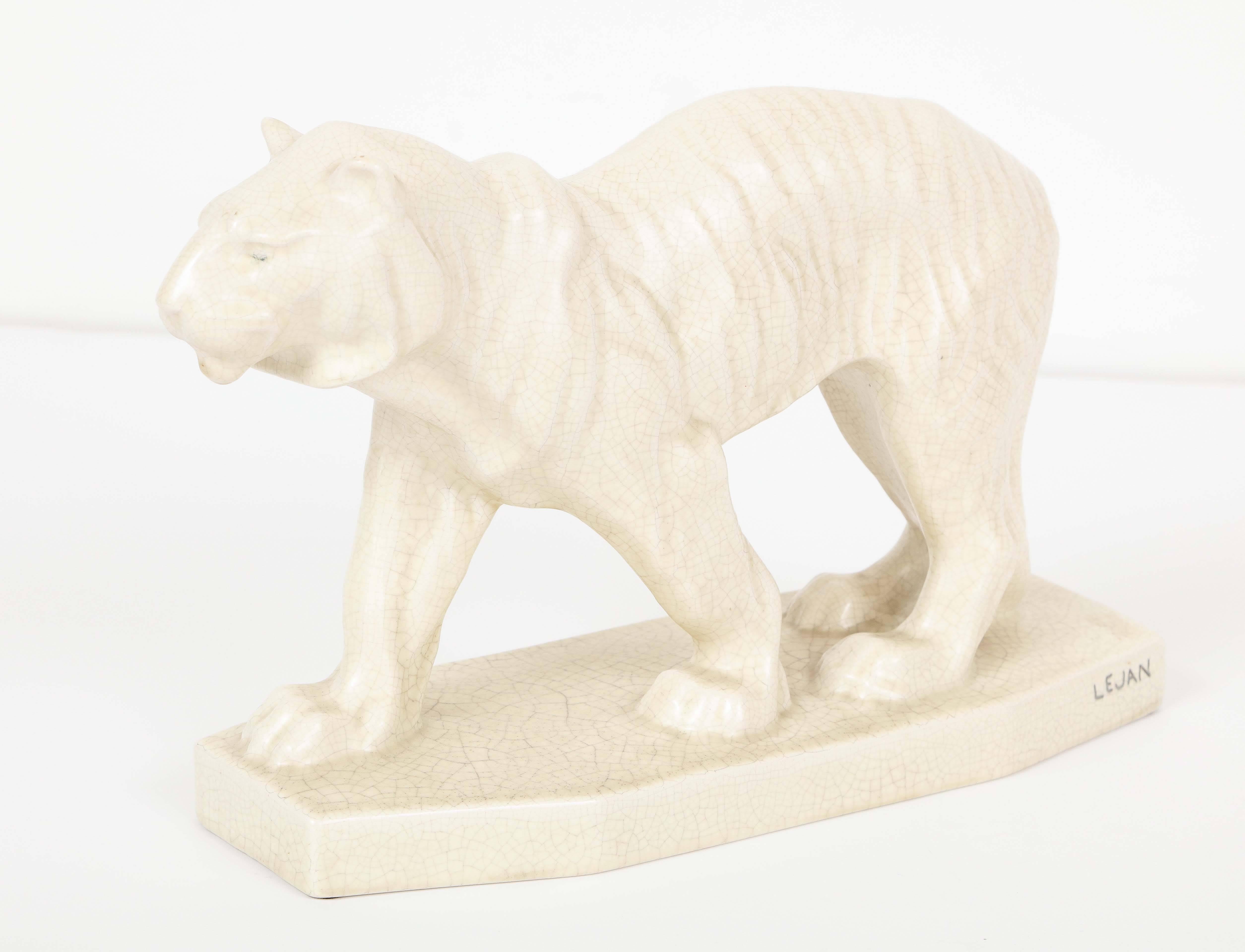 Glazed 1930s Crackle Glaze Ceramic Tiger Sculpture by Lejan