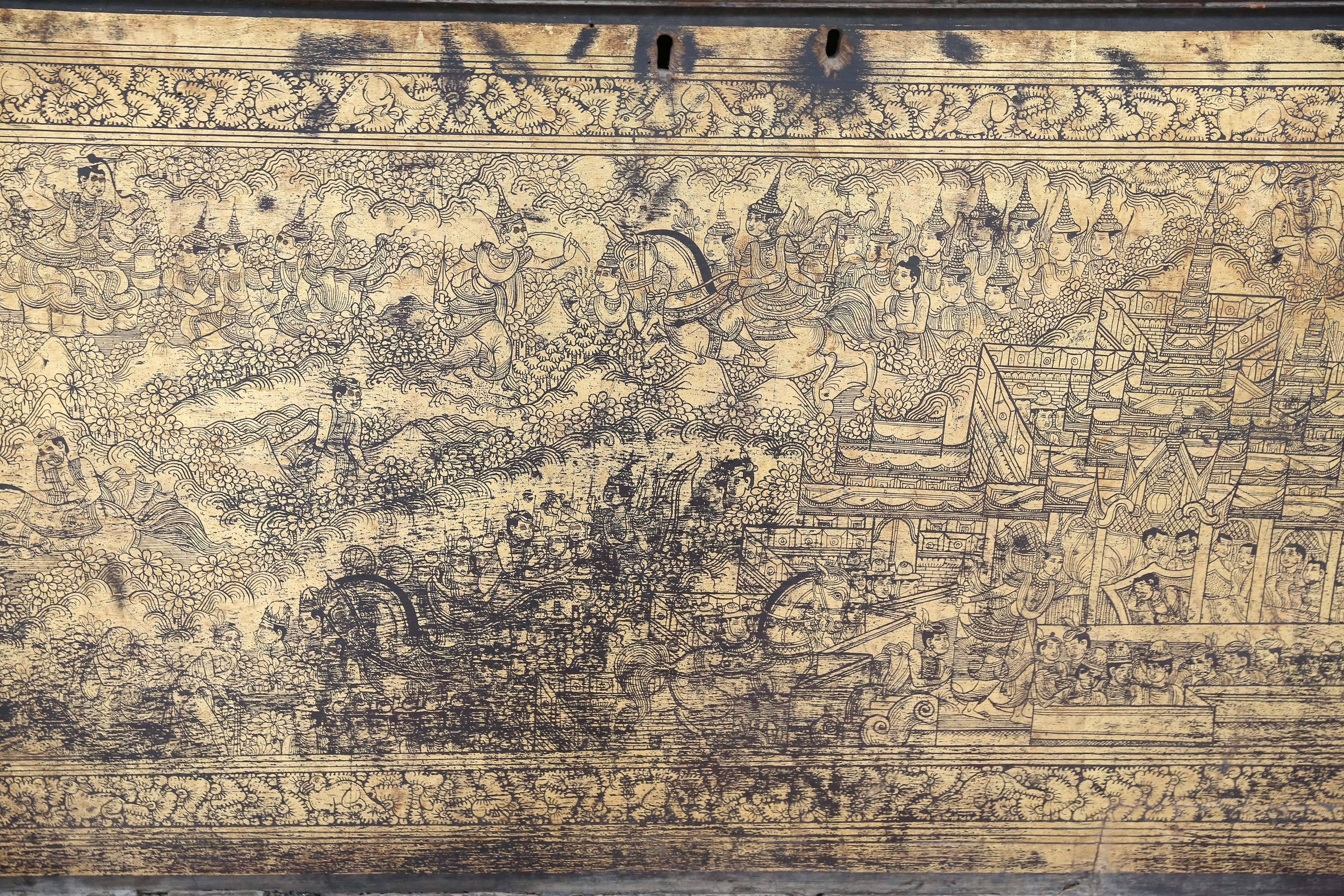 A true treasure uncovered in Southeast Asia, this trunk dates back 200 years and is originally from Burma (modern day Myanmar). Exquisitely parcel gilt and hand-painted in gold with images from Burmese Buddhist culture.

Dimensions: 22 in. Height