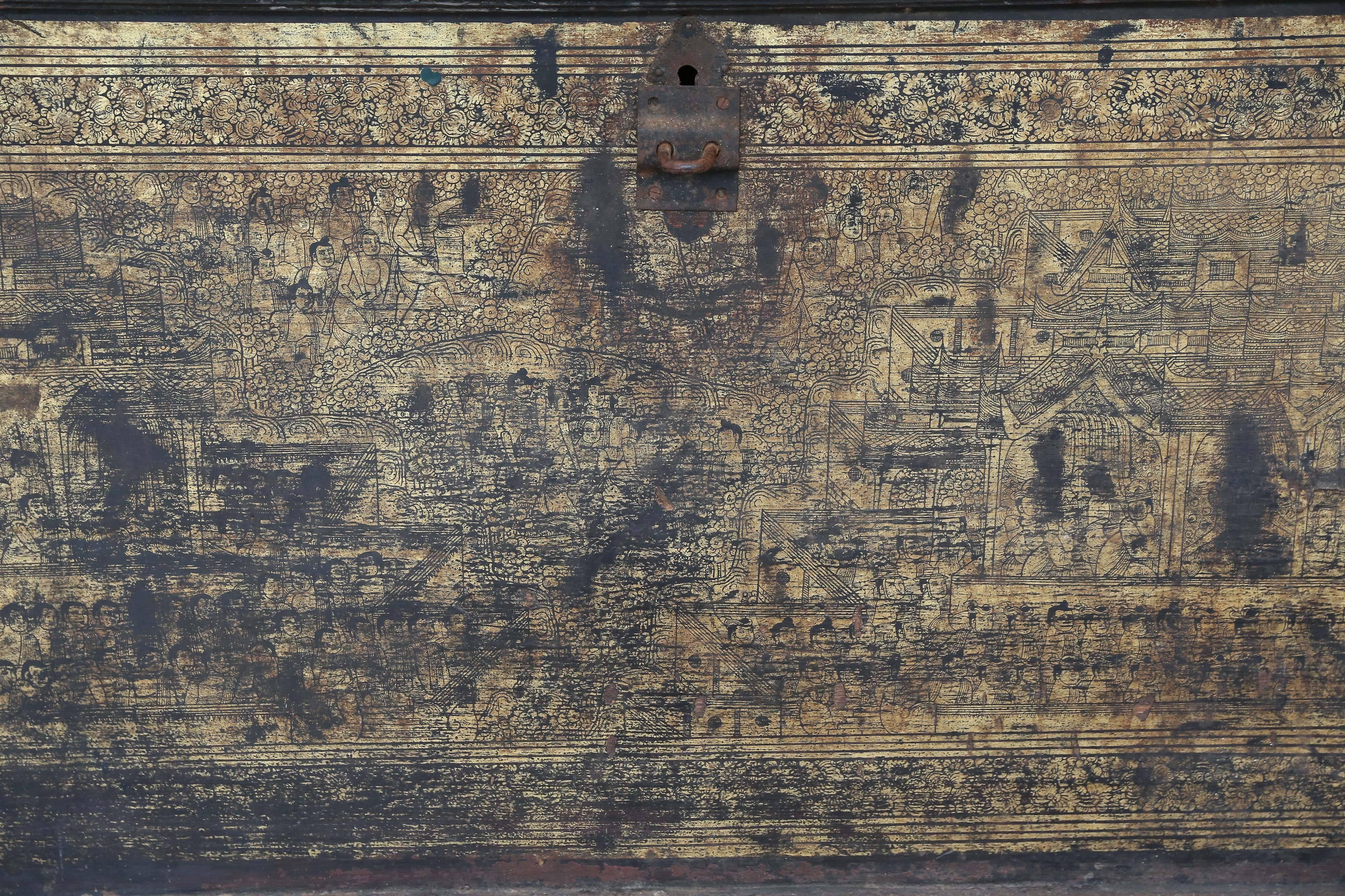 A true treasure uncovered in Southeast Asia, this trunk dates back 200 years and is originally from Burma (modern day Myanmar). Exquisitely parcel gilt and hand-painted in gold with images from Burmese Buddhist culture.

Dimensions: 25 in. Height