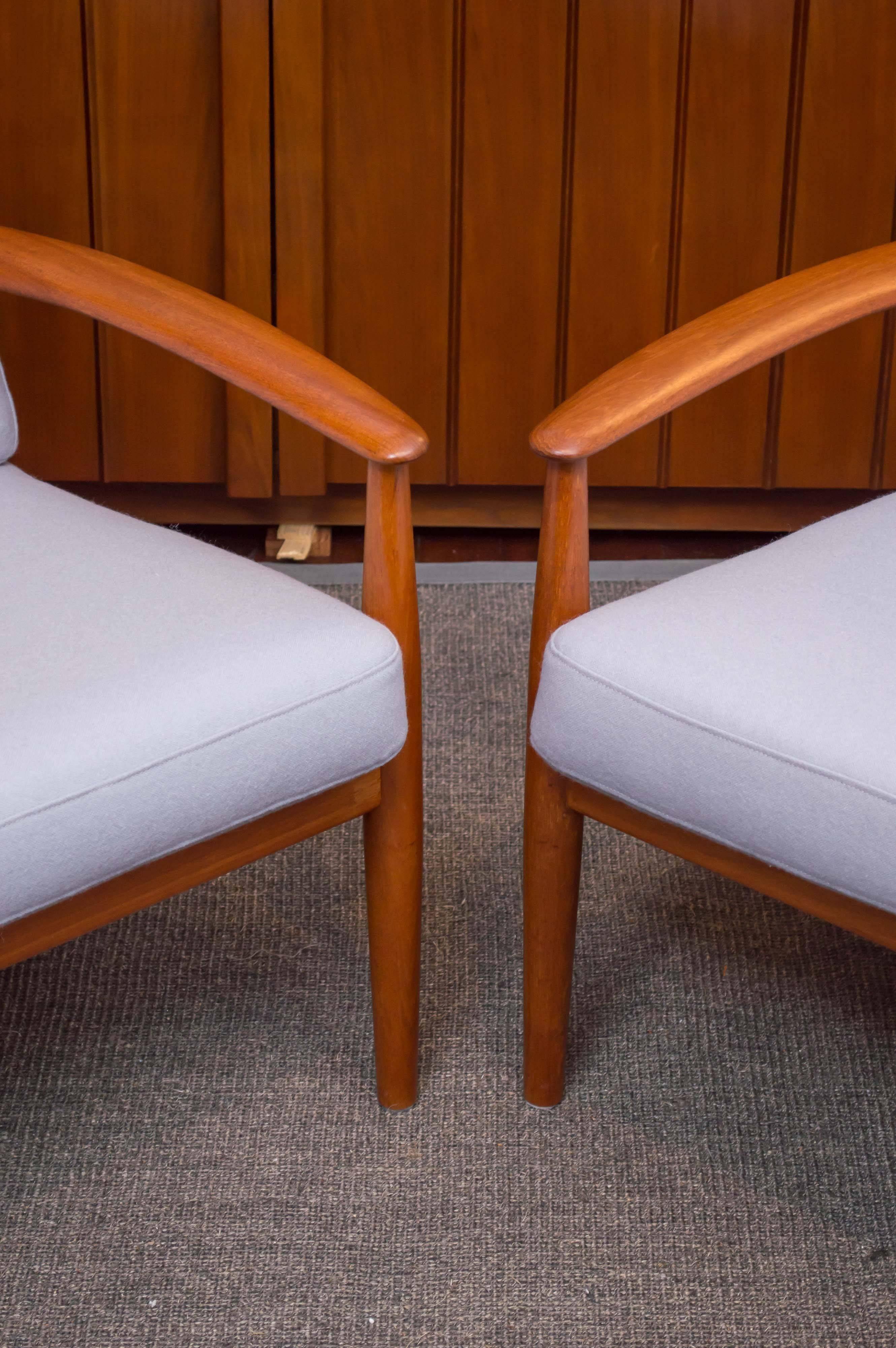 Pair of Greta Jalk design teak armchairs for France & Son, imported by Jon Stuart.
Great scale, roomy and comfortable lounge chairs. Perfectly refinished and newly upholstered.