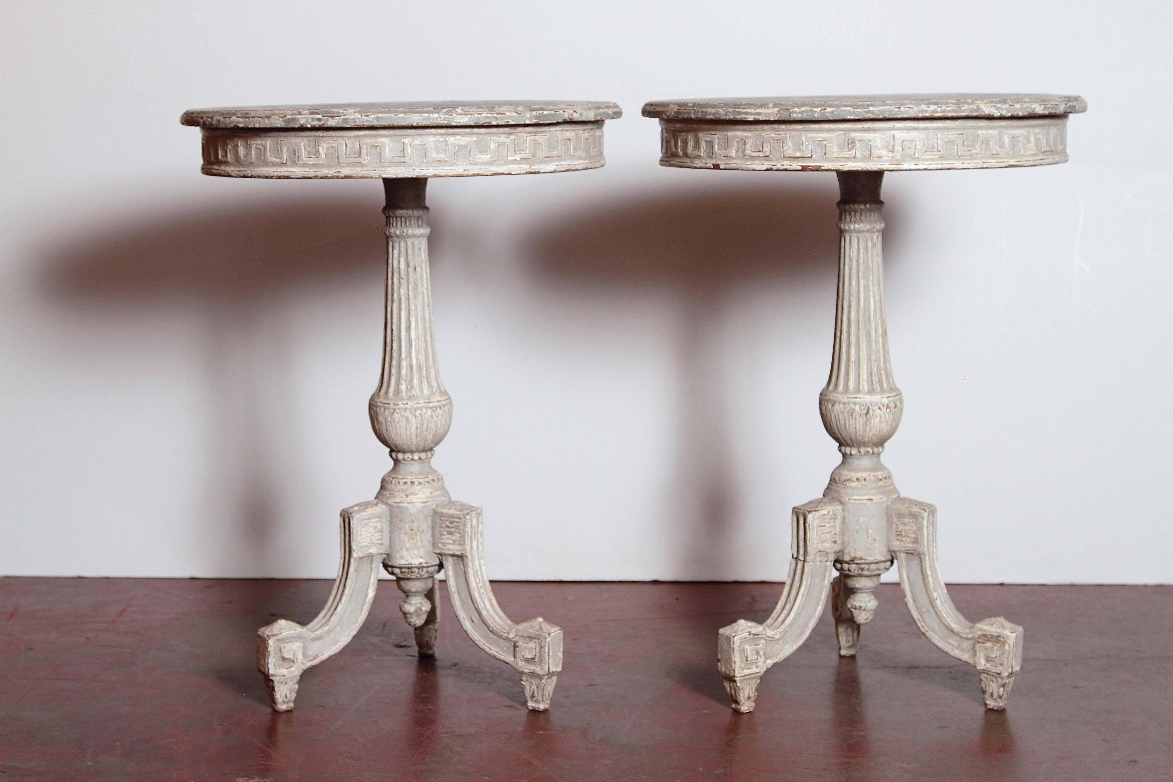 Pair of 19th Century French Louis XVI Carved Painted Gueridon with Faux Marble In Excellent Condition In Dallas, TX