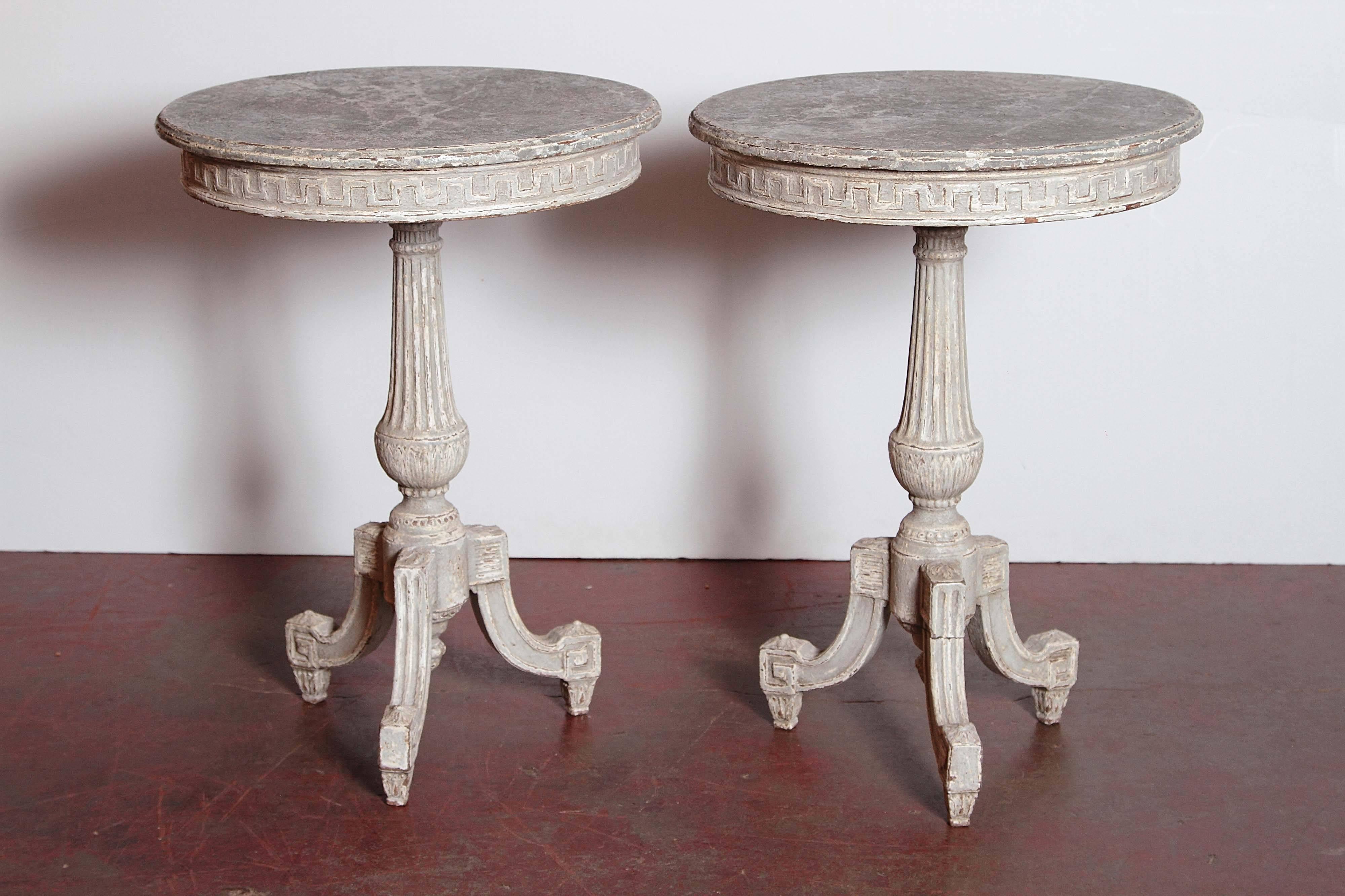 Pair of 19th Century French Louis XVI Carved Painted Gueridon with Faux Marble 3