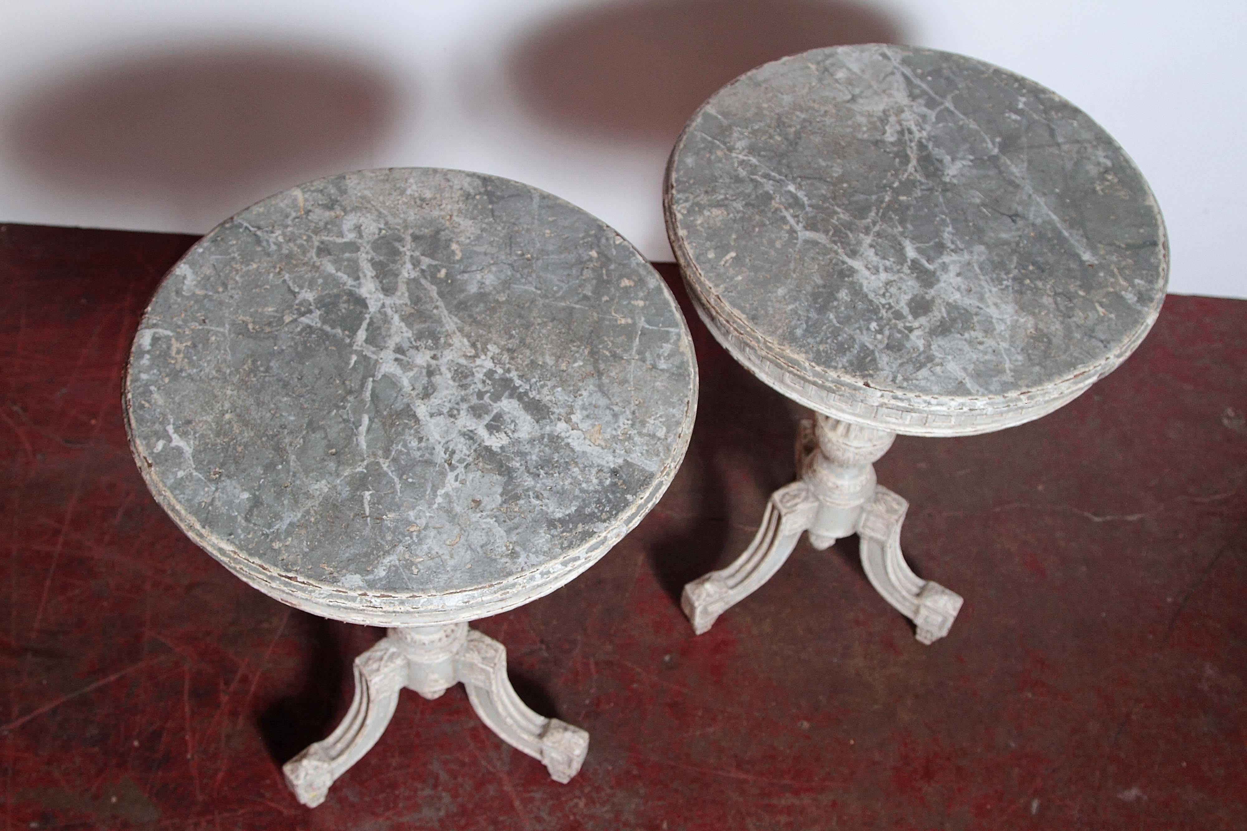 Hand-Carved Pair of 19th Century French Louis XVI Carved Painted Gueridon with Faux Marble