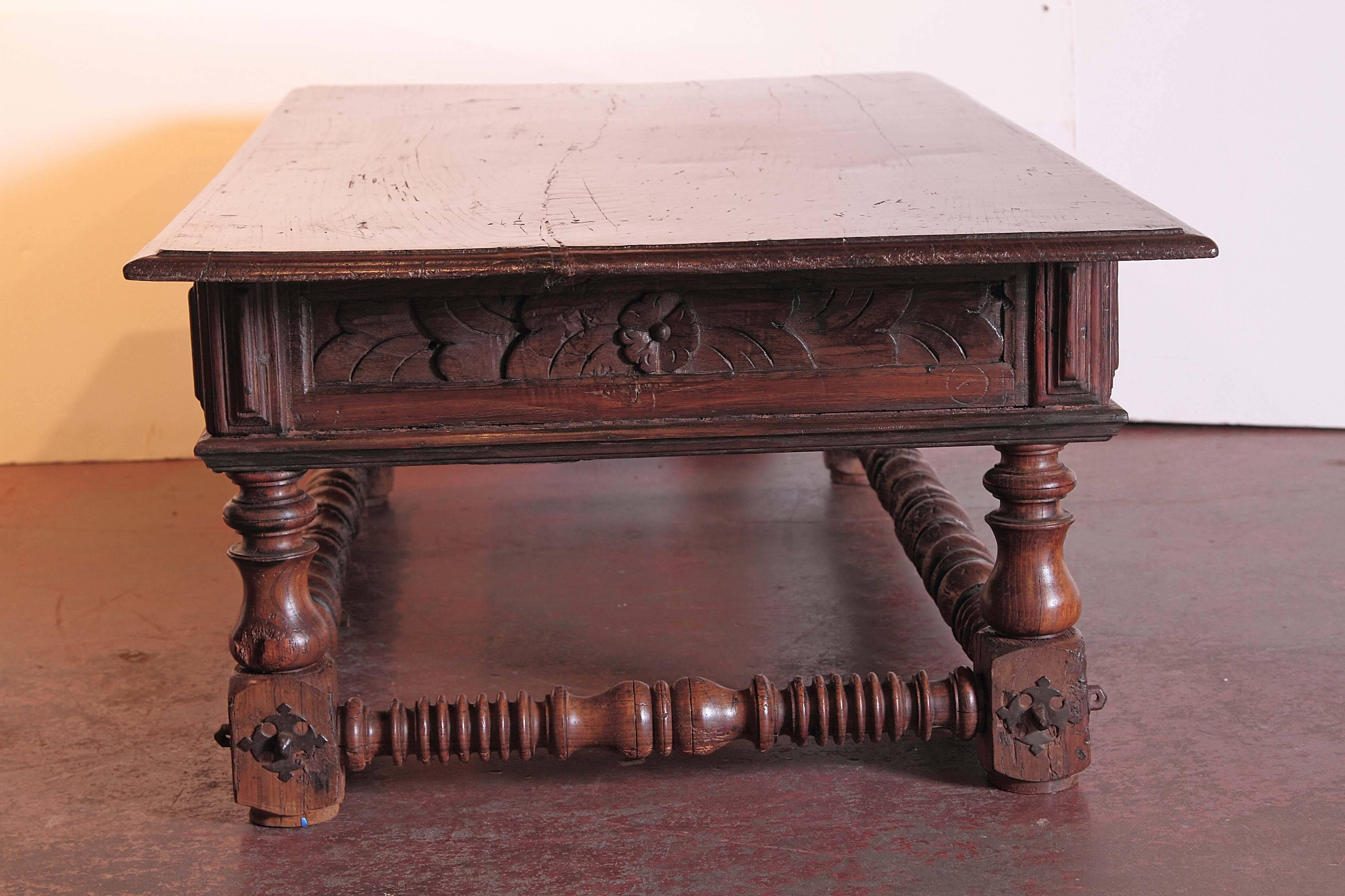 Louis XIII Large 18th Century Spanish Hand-Carved Chestnut Coffee Table with Three Drawers 