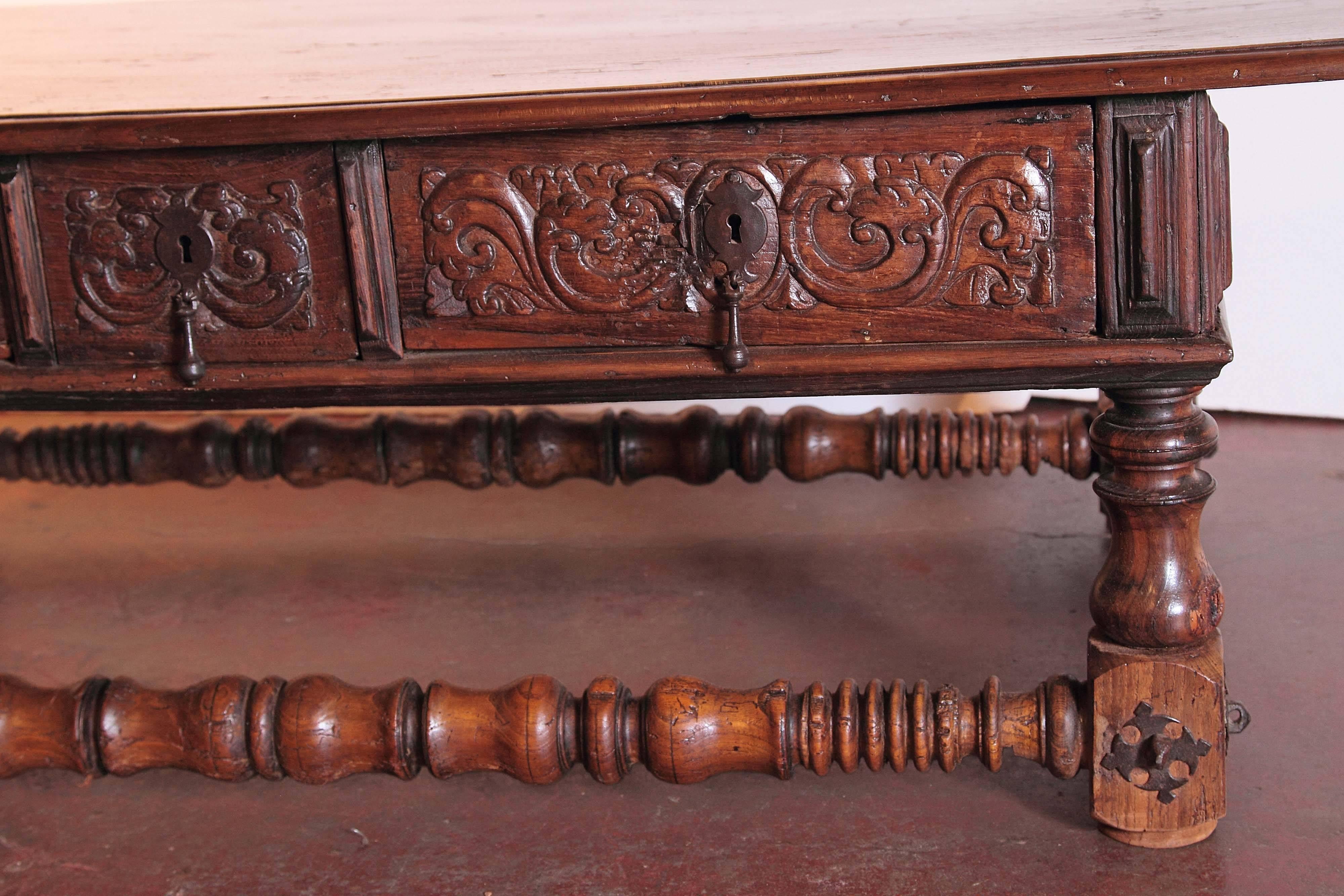 Wrought Iron Large 18th Century Spanish Hand-Carved Chestnut Coffee Table with Three Drawers 