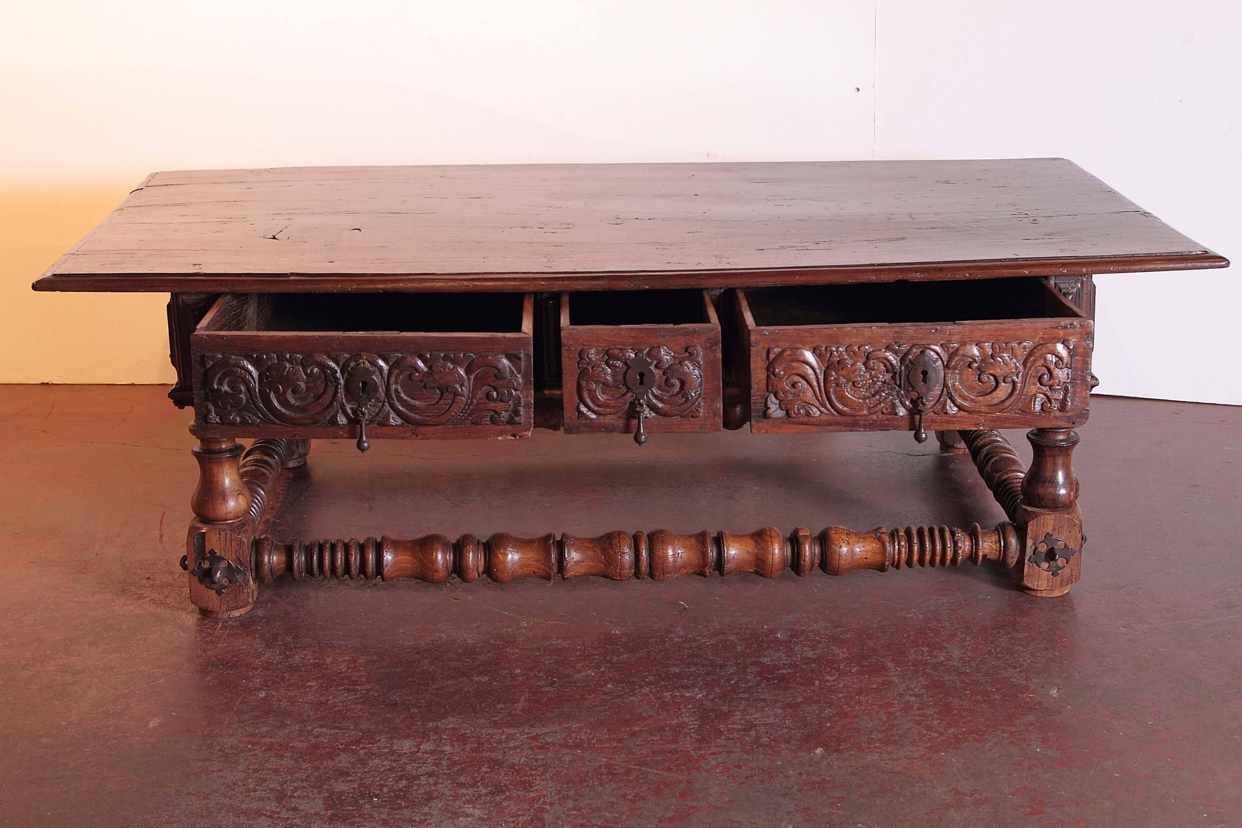 Large 18th Century Spanish Hand-Carved Chestnut Coffee Table with Three Drawers  2