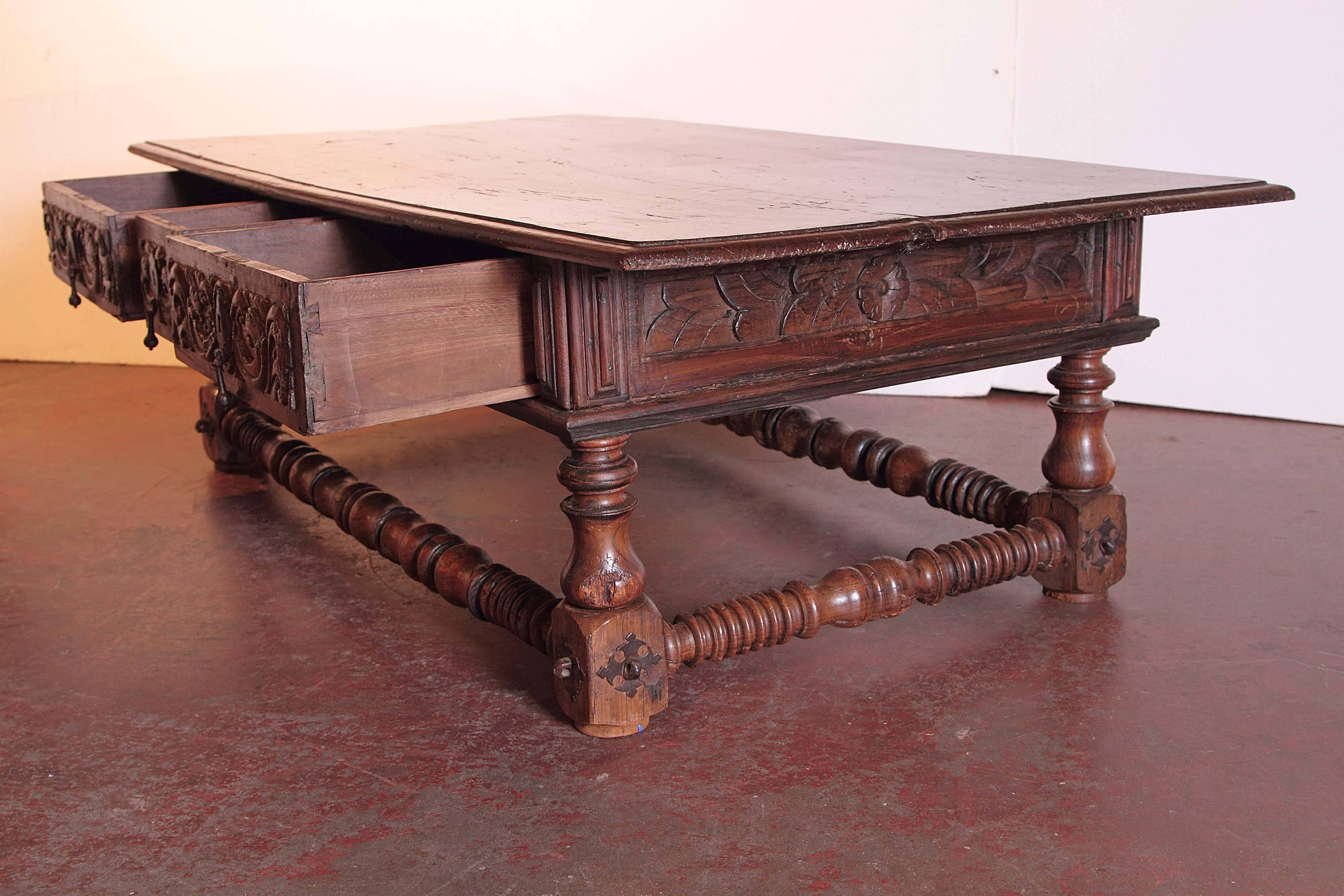 Large 18th Century Spanish Hand-Carved Chestnut Coffee Table with Three Drawers  3