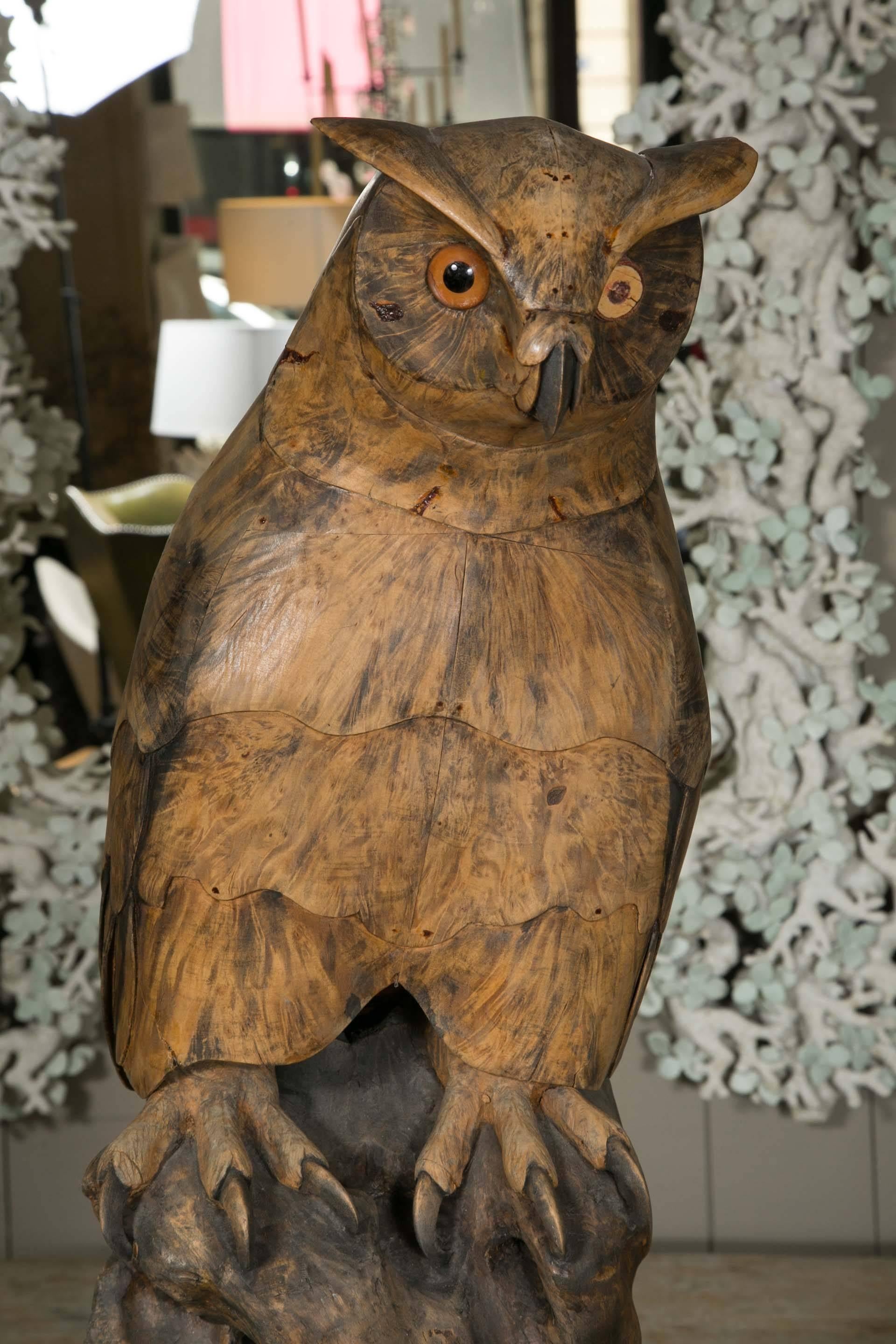 Swedish Luminous Wooden Sculpture of a Great Owl over a Trunk Base, circa 1970