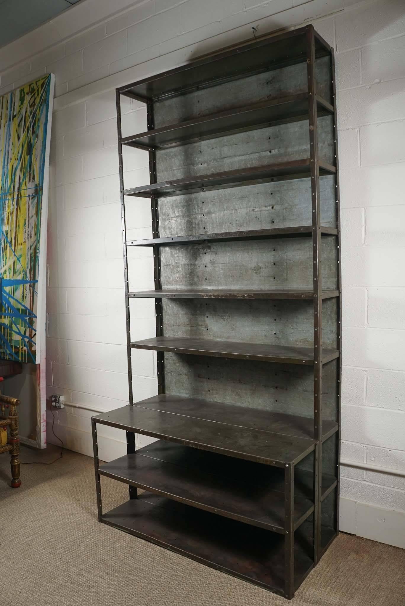 American Industrial Gun Metal Bookcase with Extended Base For Sale