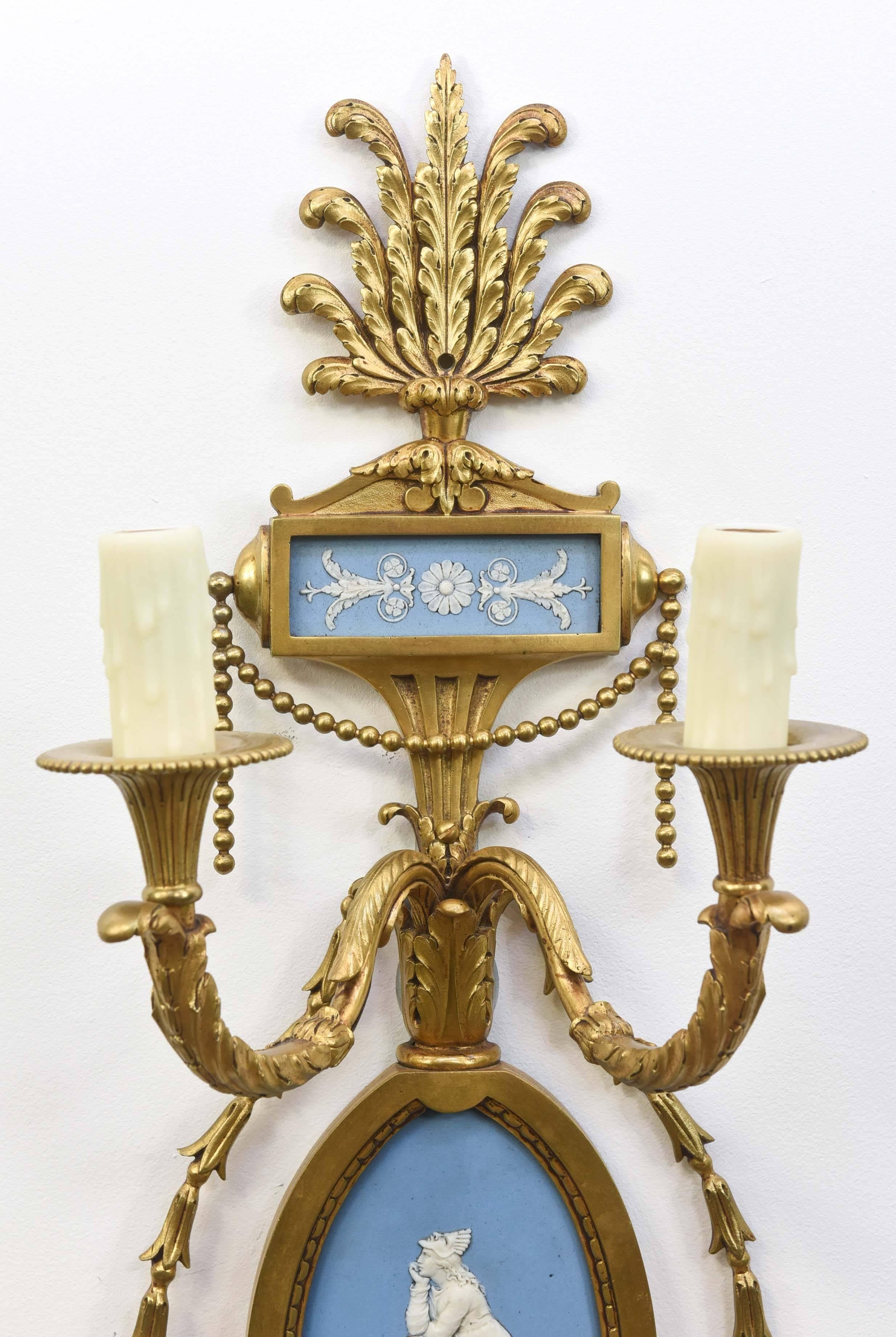 Neoclassical Pair of Brass Wedgewood Sconces For Sale