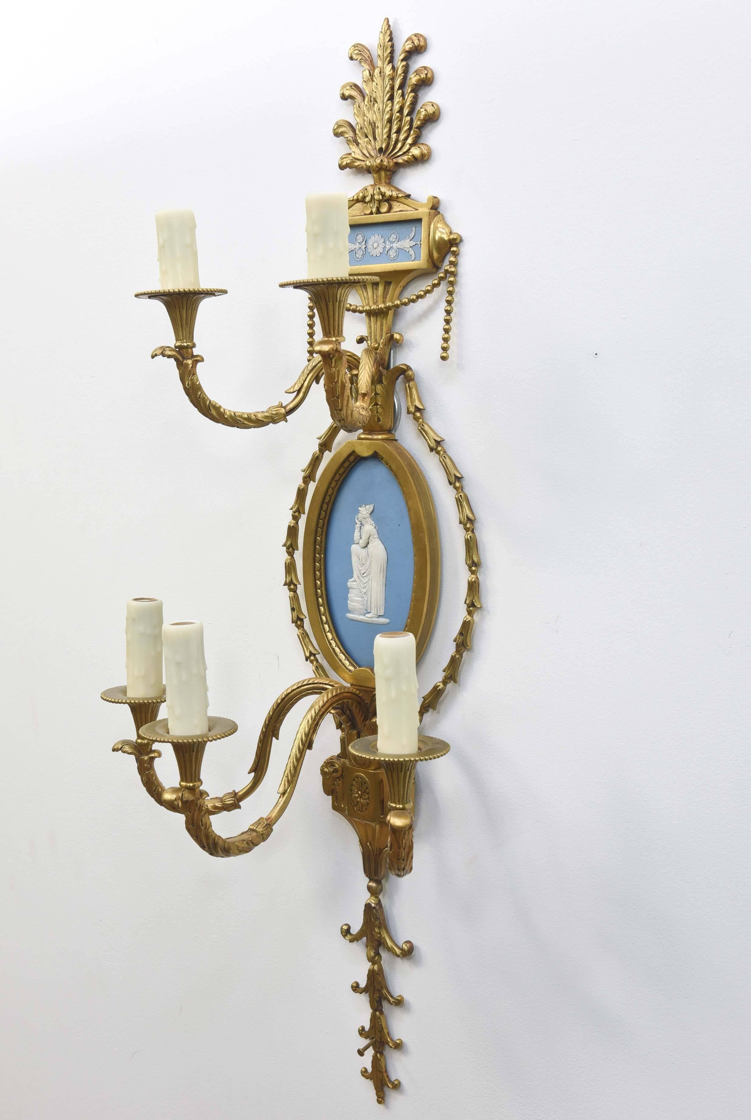 Porcelain Pair of Brass Wedgewood Sconces For Sale