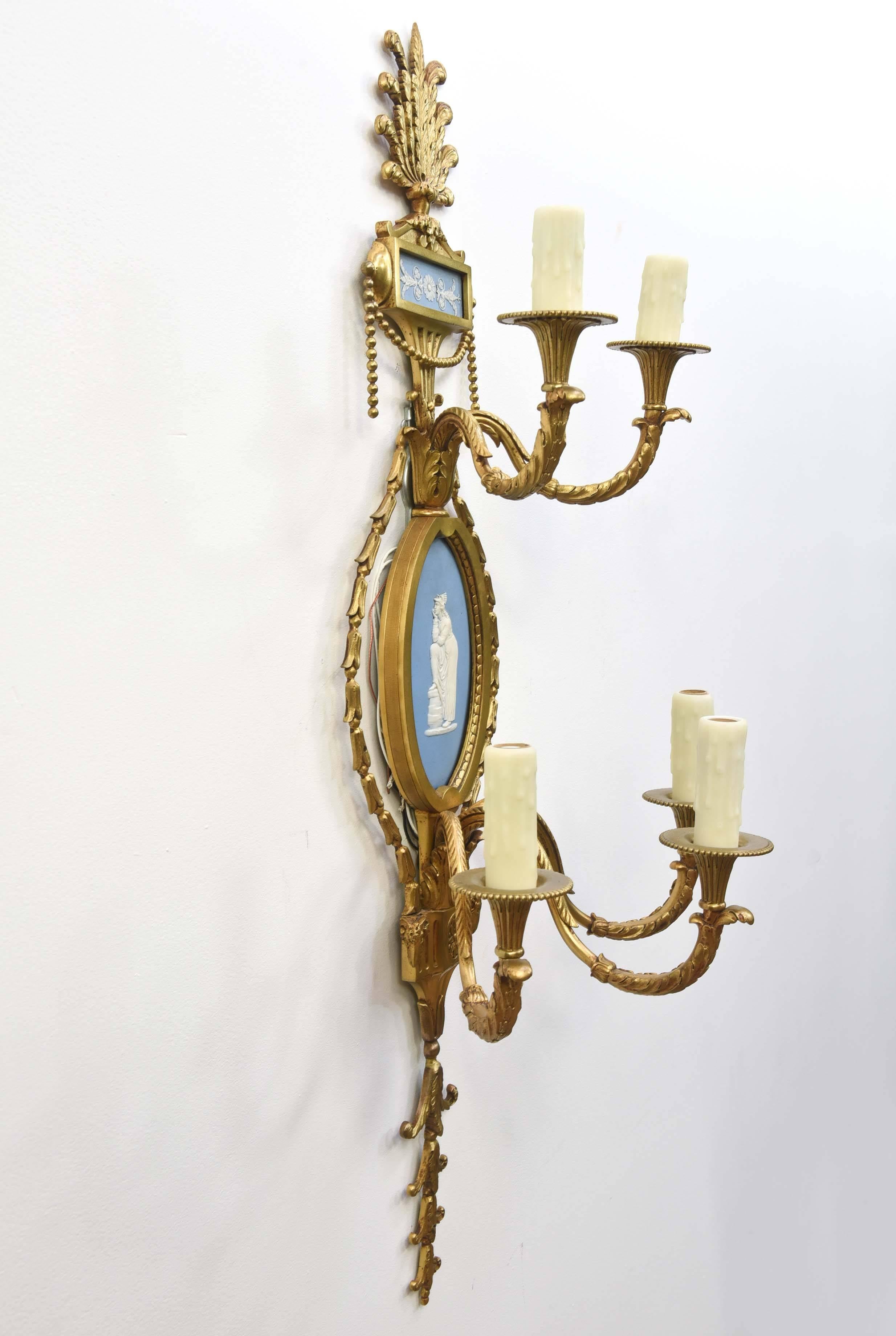 Pair of Brass Wedgewood Sconces For Sale 3