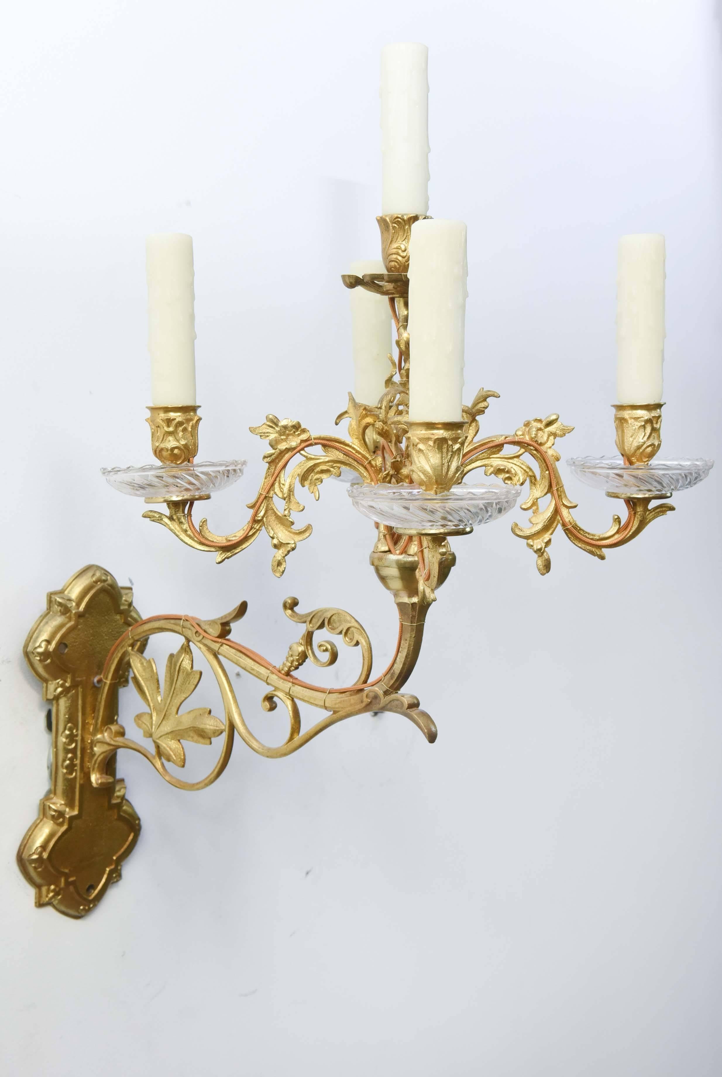 Pair of Five-Light Gilt Bronze Sconces For Sale 2