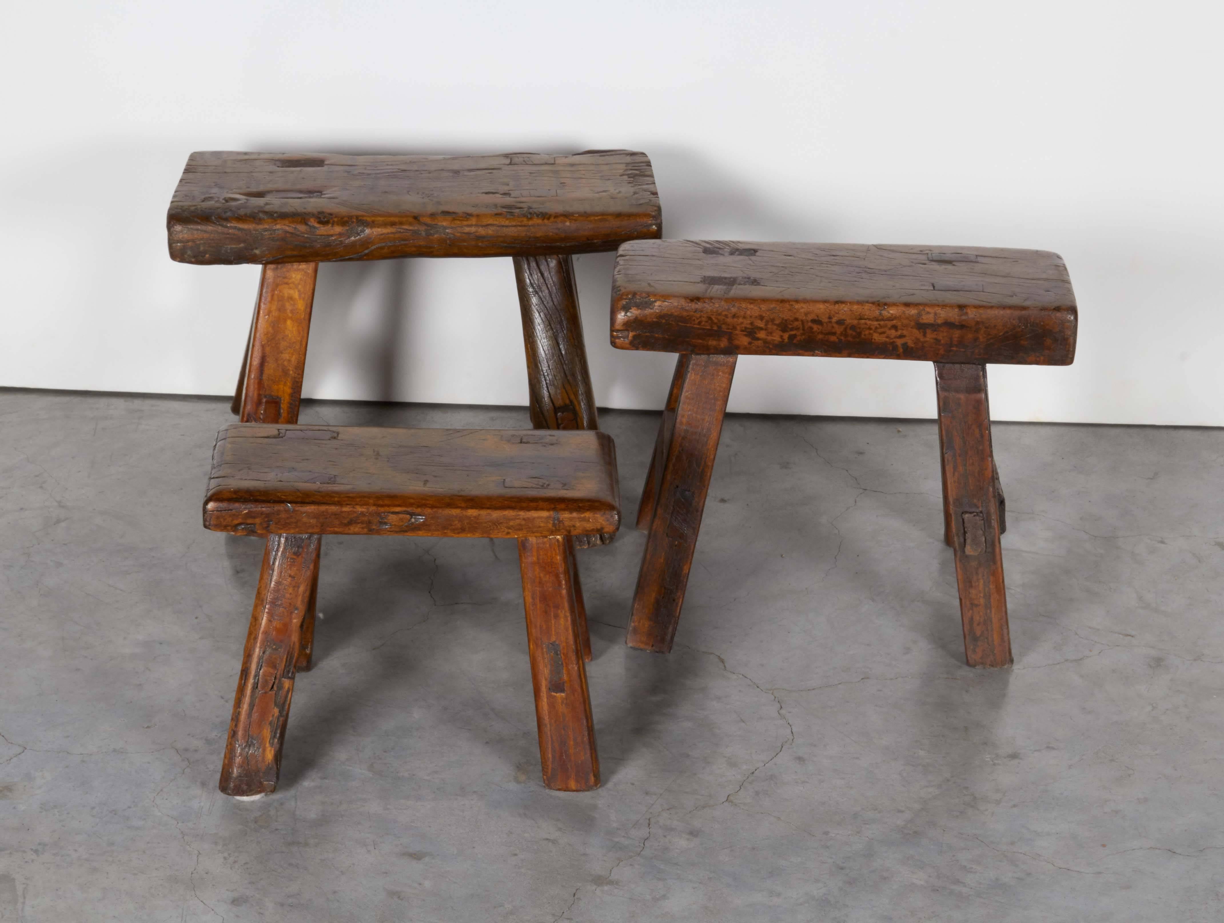 A collection of three small antique Chinese stools. Beautifully finished with a great patina. 
Dimensions:
L 13, D 6, H 9.
L 9.5, D 4.5, H 7.
L 11.5, D 4.5, H 9.
S472.
 