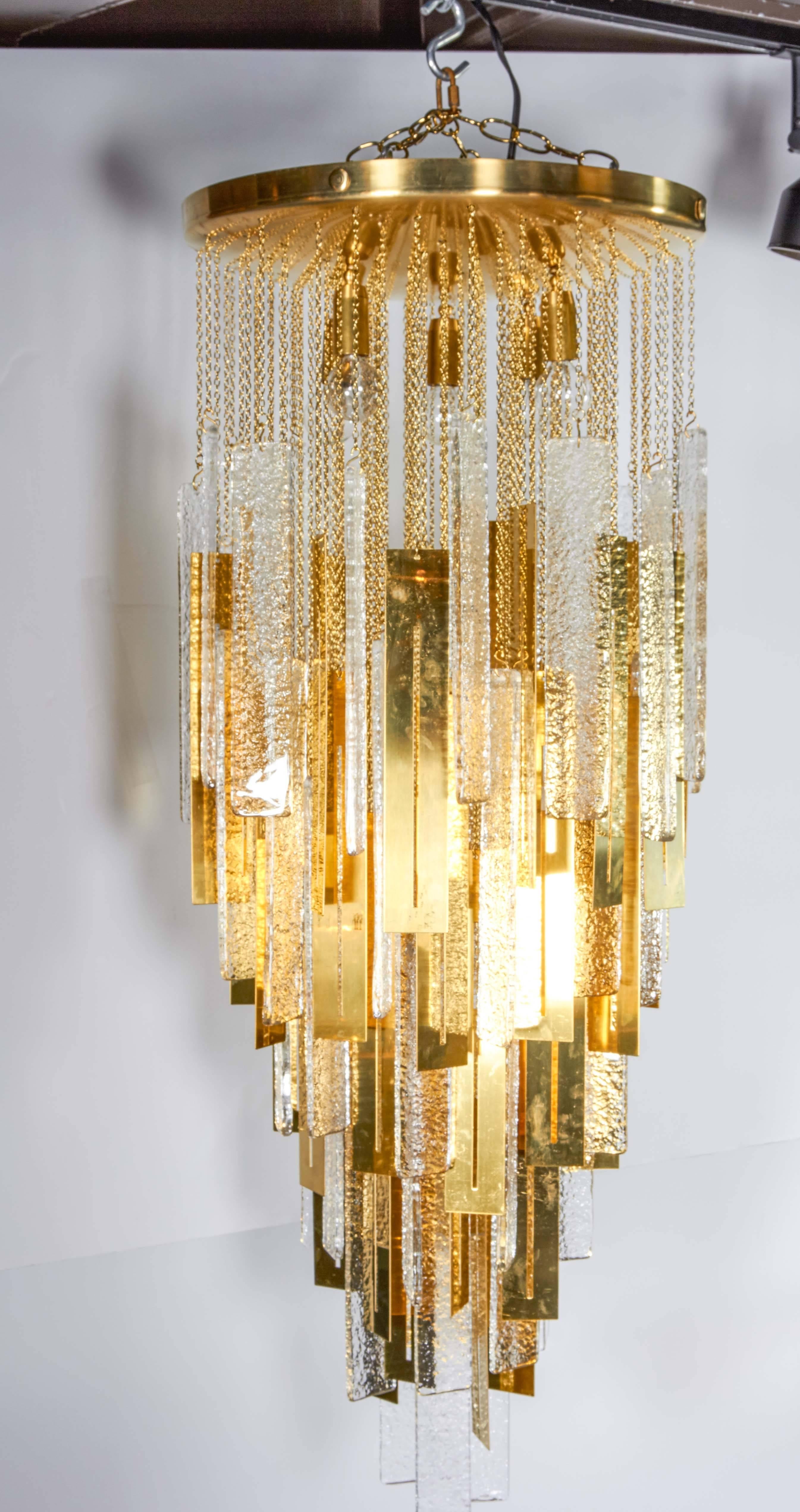 Mazzega Murano Glass and Gold-Plated Pendant Drop Chandelier  In Excellent Condition In Fort Lauderdale, FL