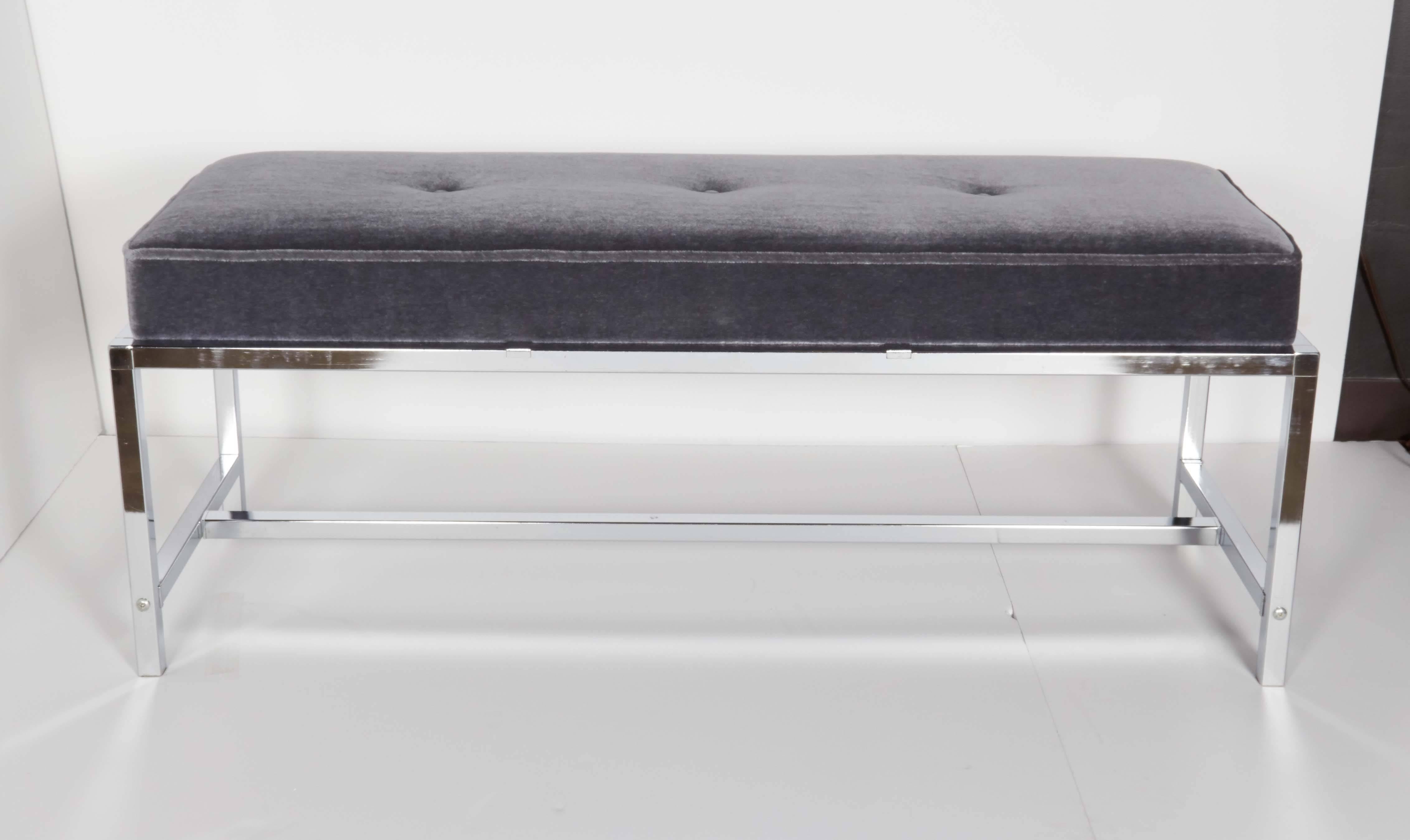 Plated Mid-Century Modern Bench in Grey Mohair by Milo Baughman