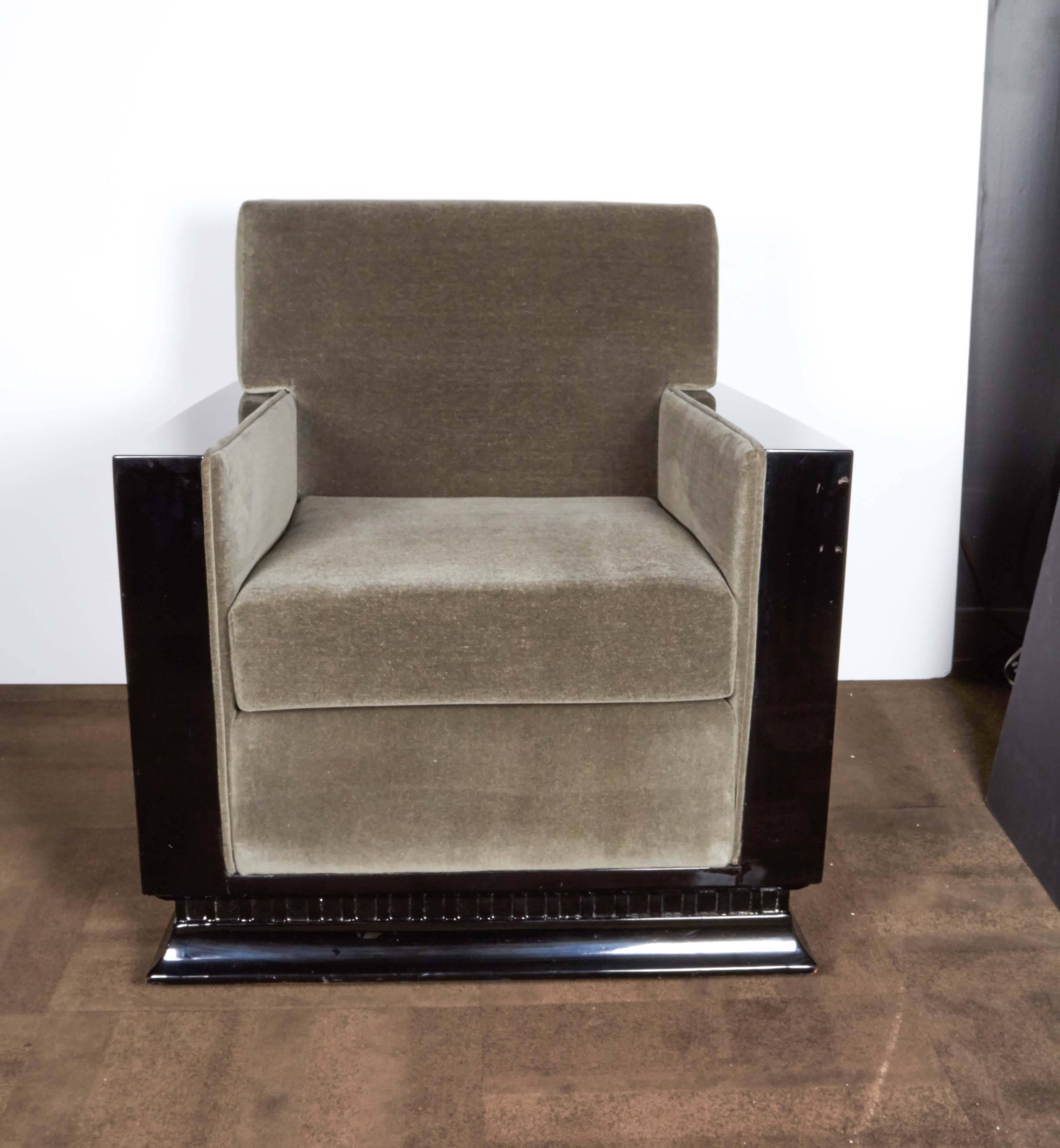 Pair of stunning Art Deco chairs with outstanding streamline design. Upholstered in luxe grey mohair with striking black lacquered frames. The profiles have beautiful bookmatched exotic wood inlays of Carpathian elm. The bases have a plinth design
