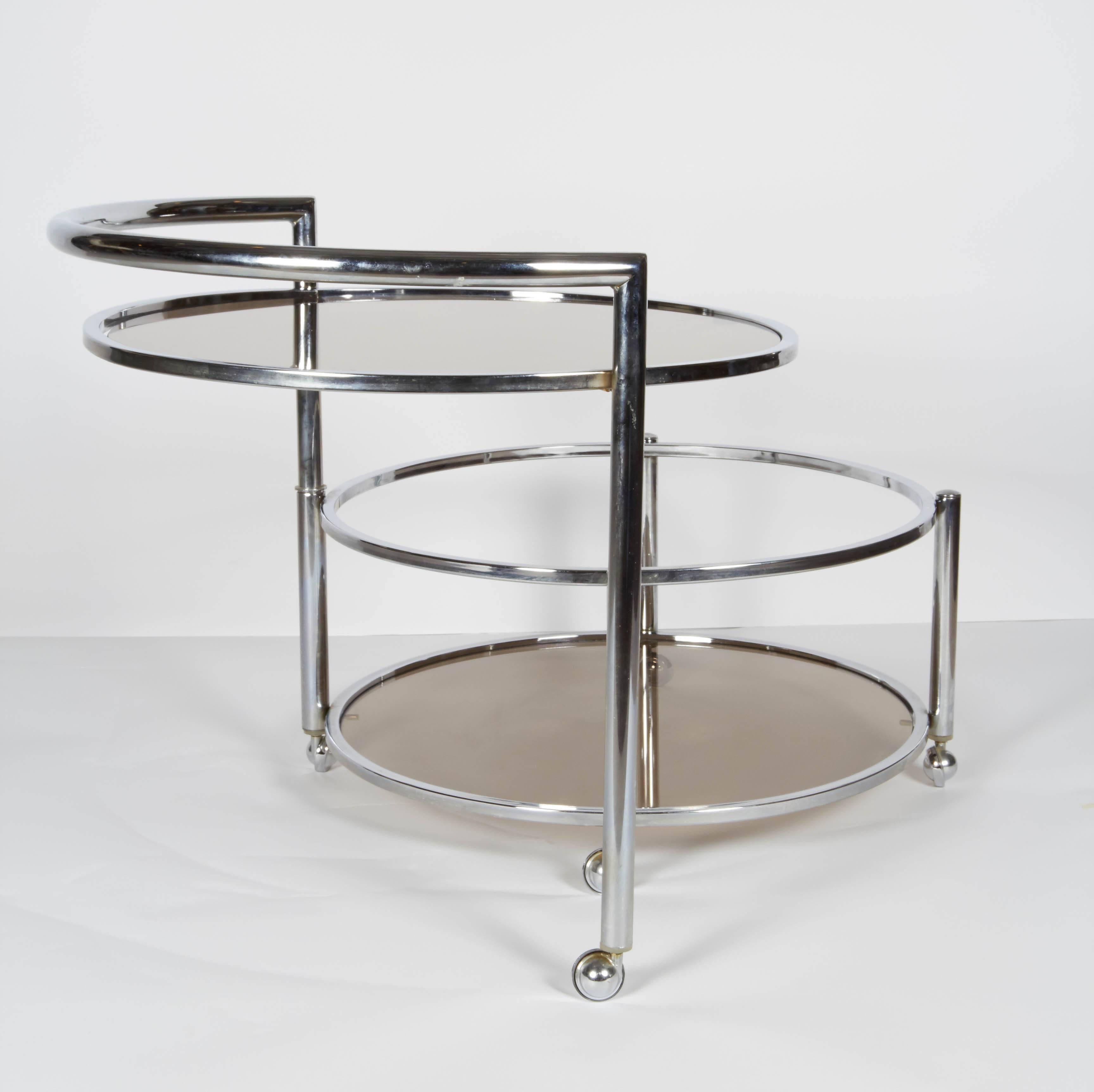 1970s Chrome Round Swivel Bar Cart with Smoked Glass 2