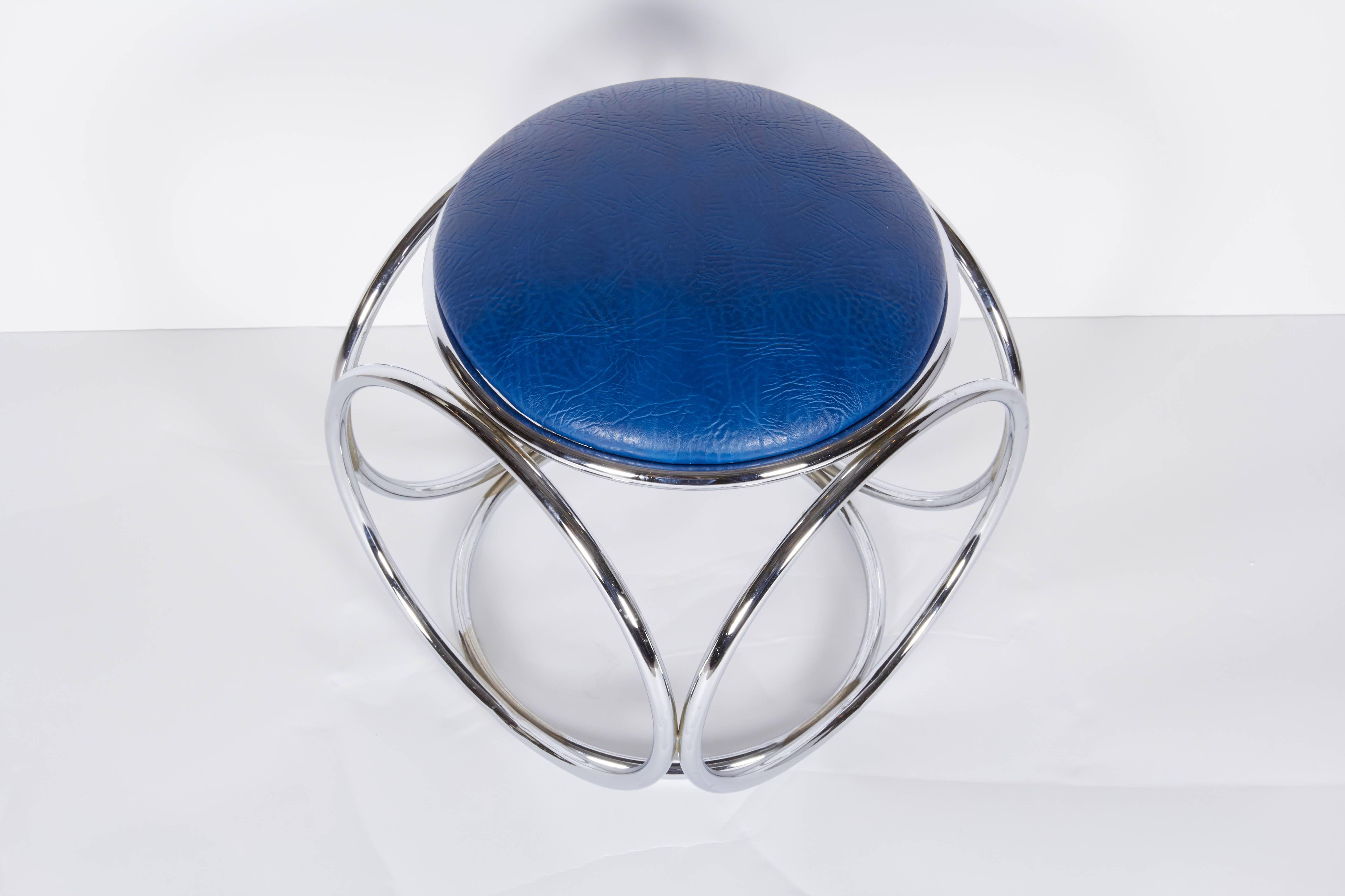 Modern Mid-Century Chrome Stool with Blue Leather Seat