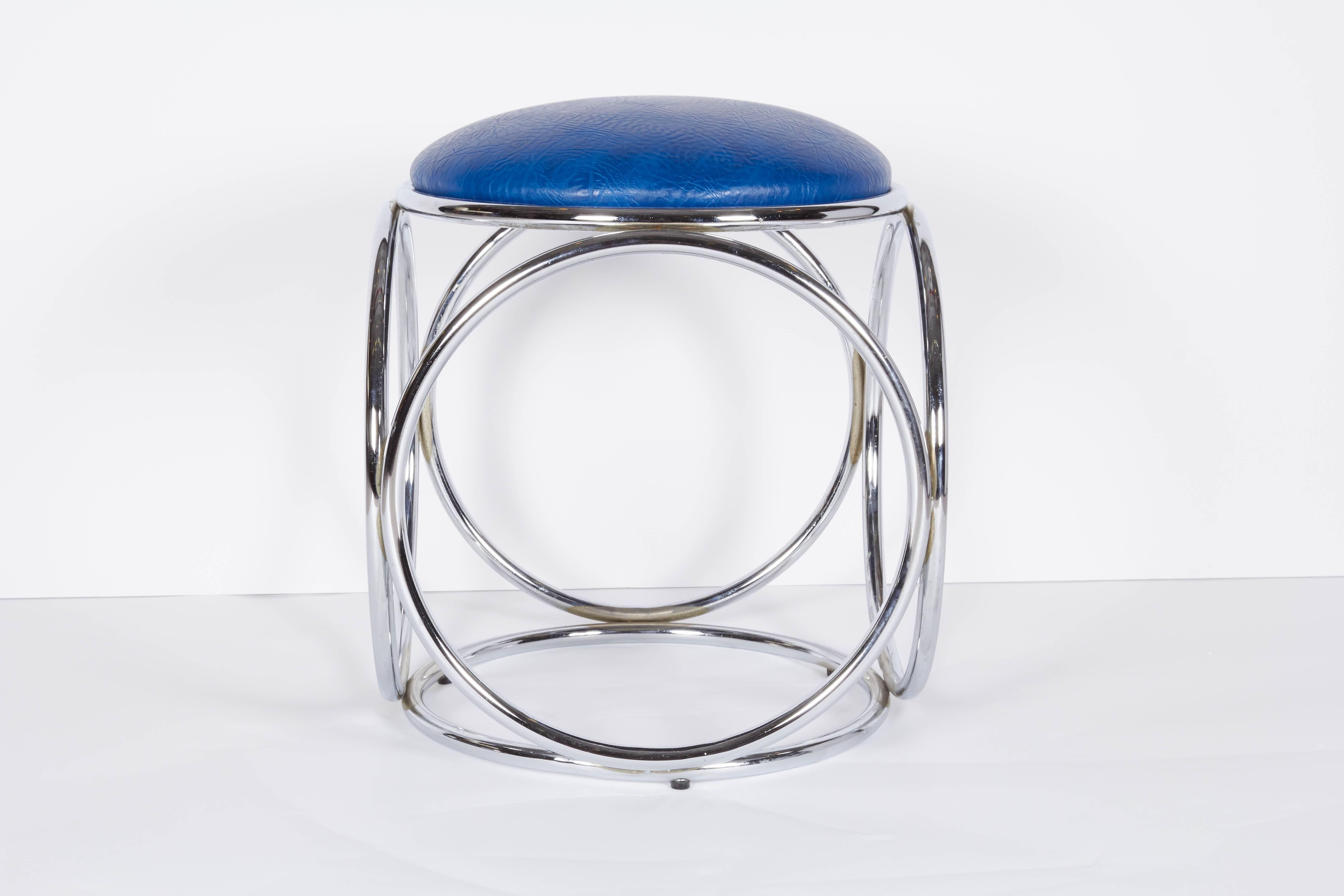 Polished Mid-Century Chrome Stool with Blue Leather Seat