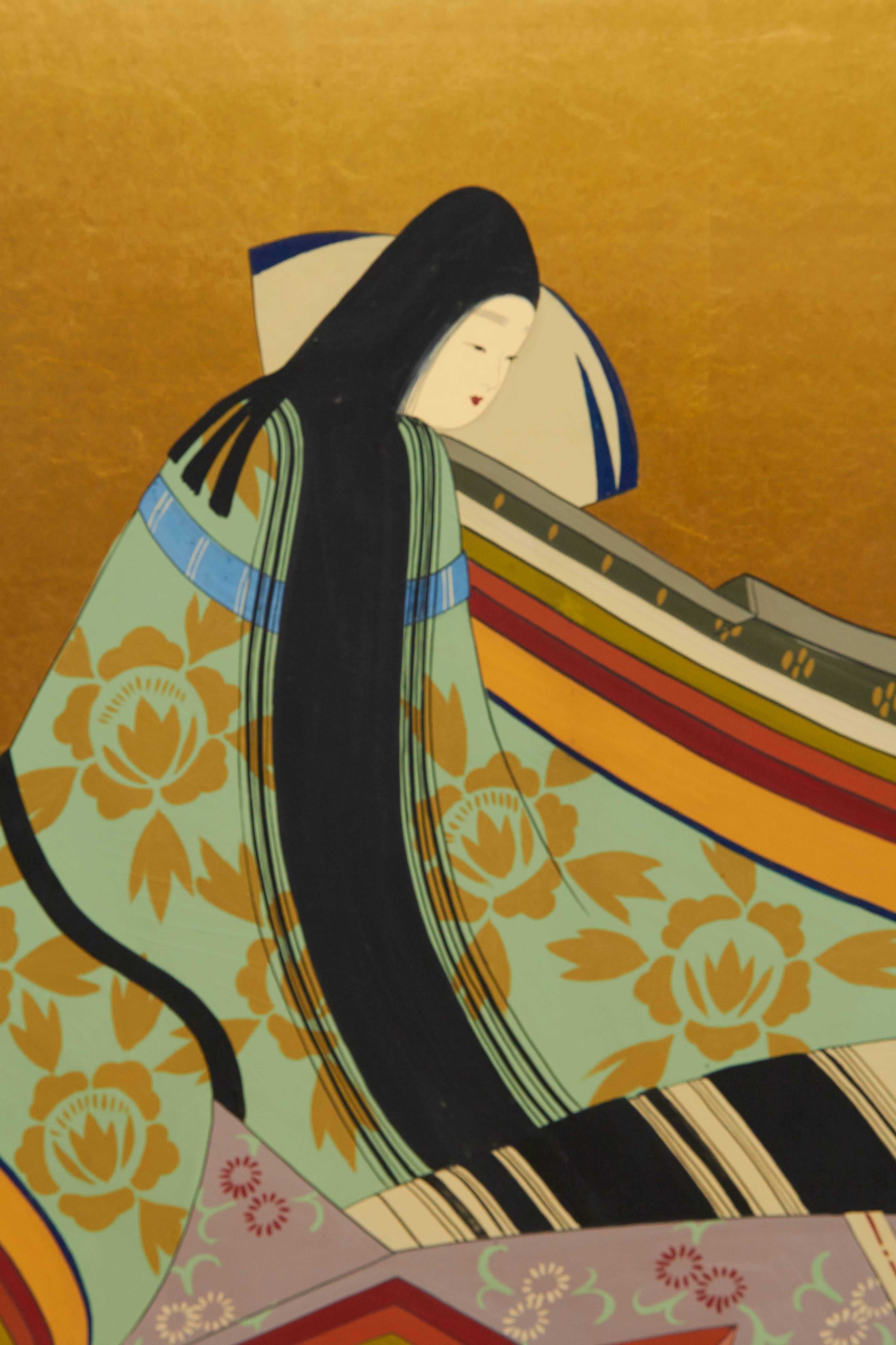Japanese four-panel screen, produced circa 1940s, within the Showa period (1926-1989), depicting the elegantly dressed Lady Murasaki Shikibu, the author of “Tales of Genji” the first novel written in the 11th century. Her attire comprised of various