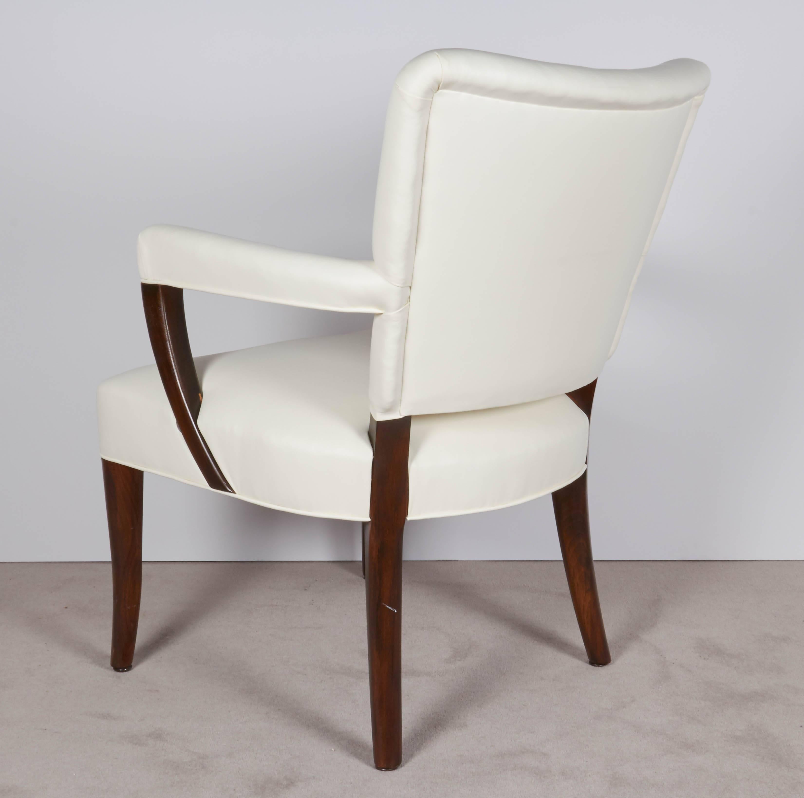 Ebonized Pair of Stow Davis White Leather Armchairs