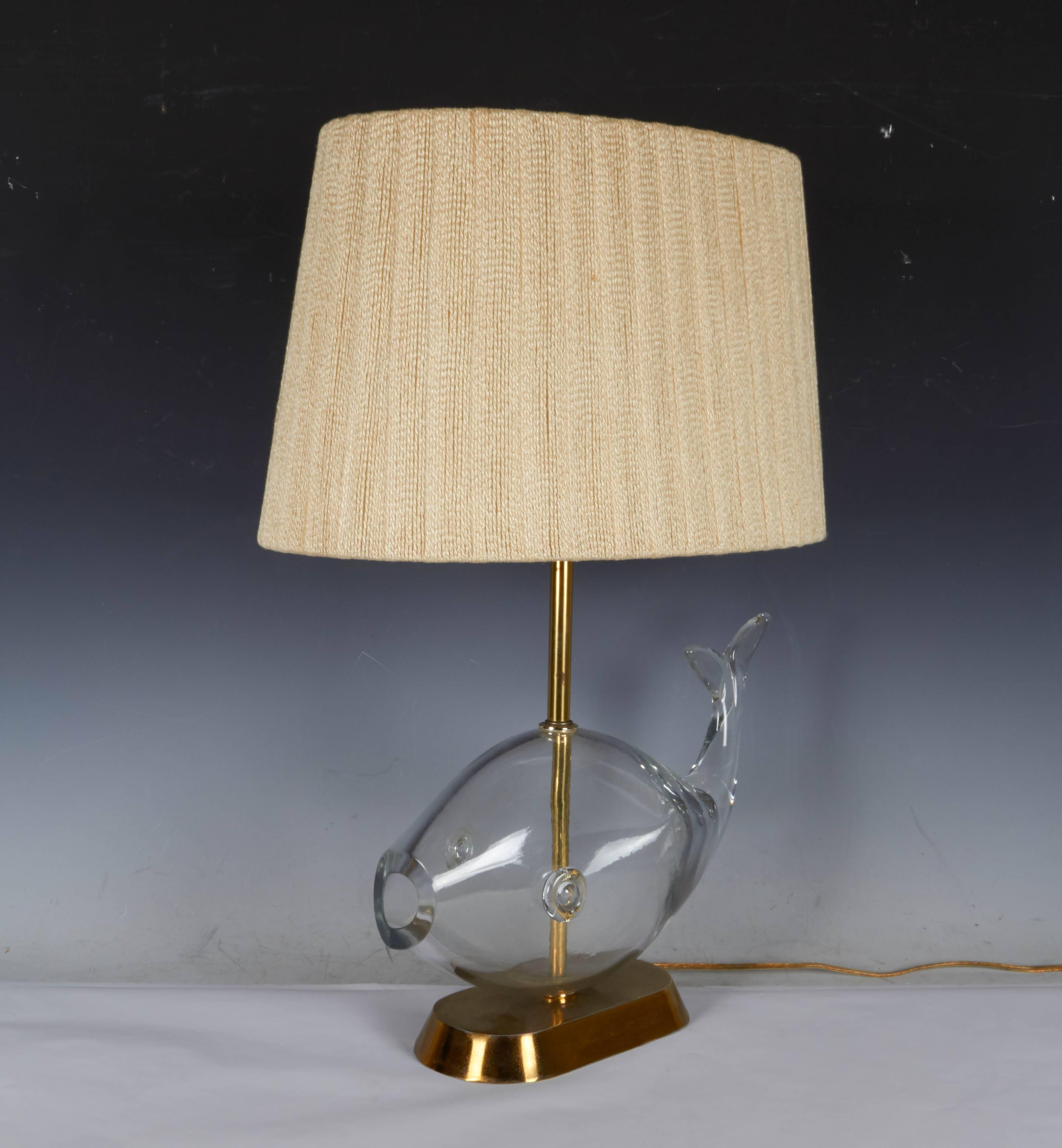 American Mid-Century Blenko Glass Fish Lamp with Original Shade