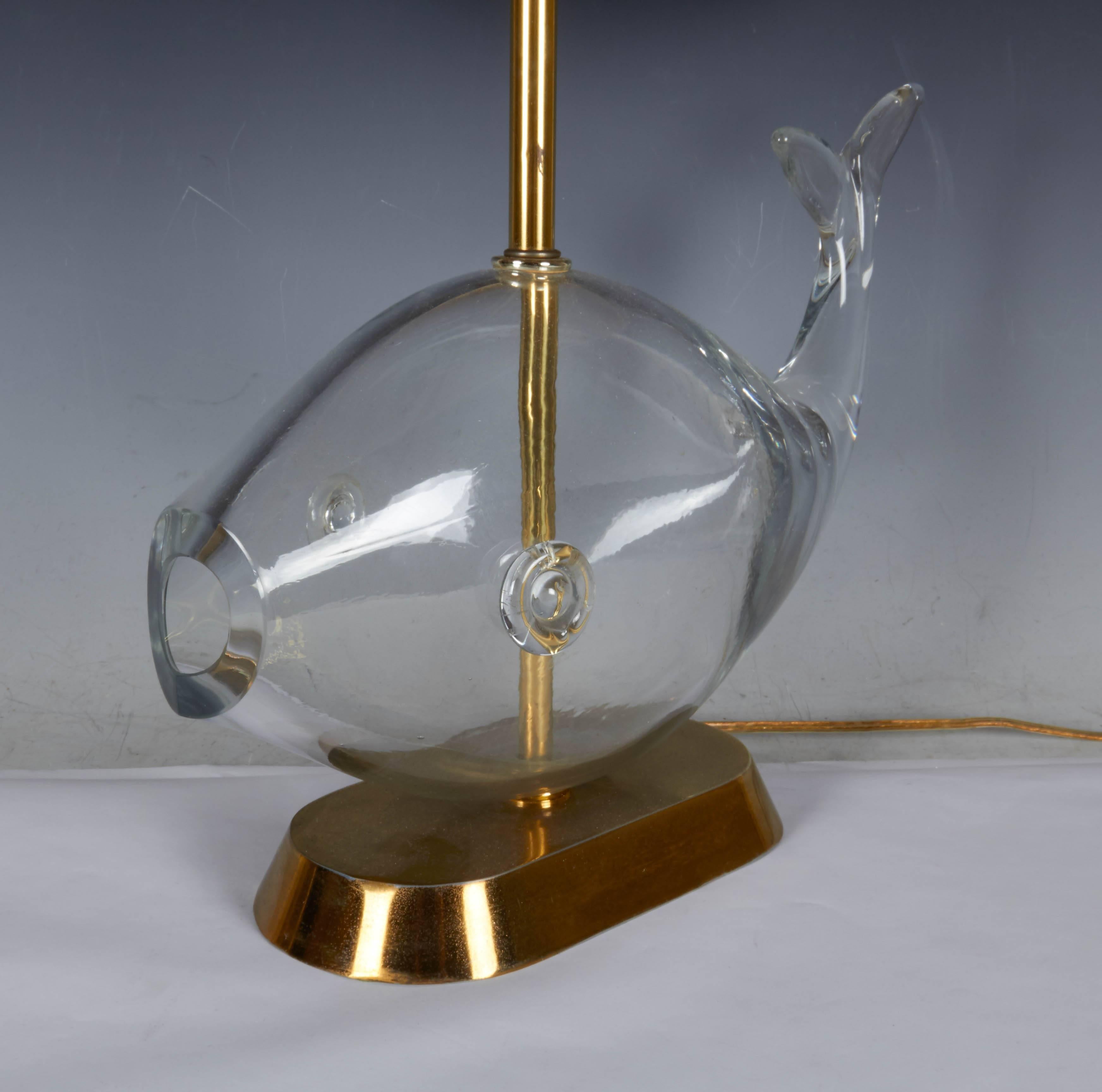 Mid-Century Blenko Glass Fish Lamp with Original Shade In Excellent Condition In Astoria, NY