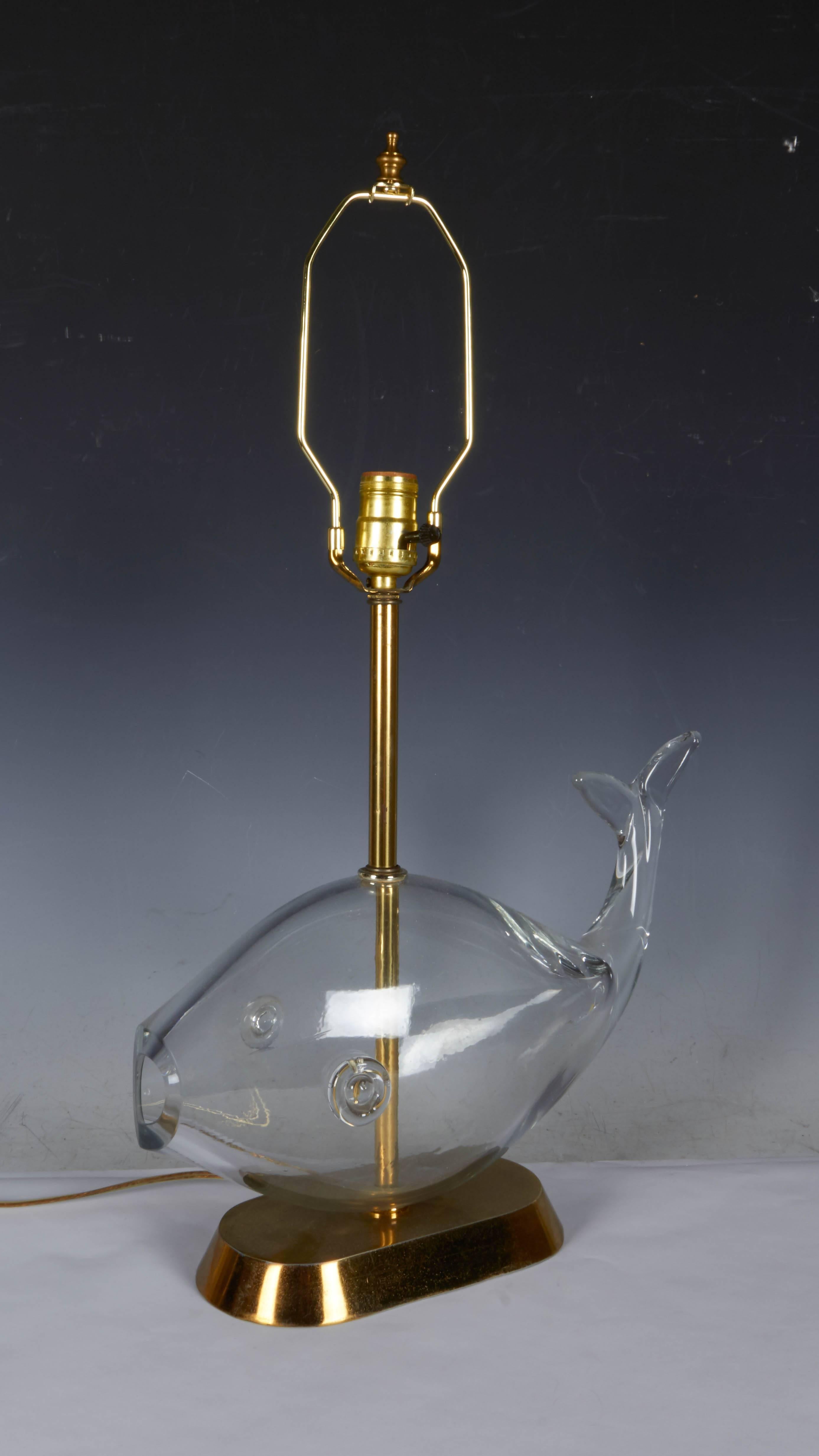 Blown Glass Mid-Century Blenko Glass Fish Lamp with Original Shade