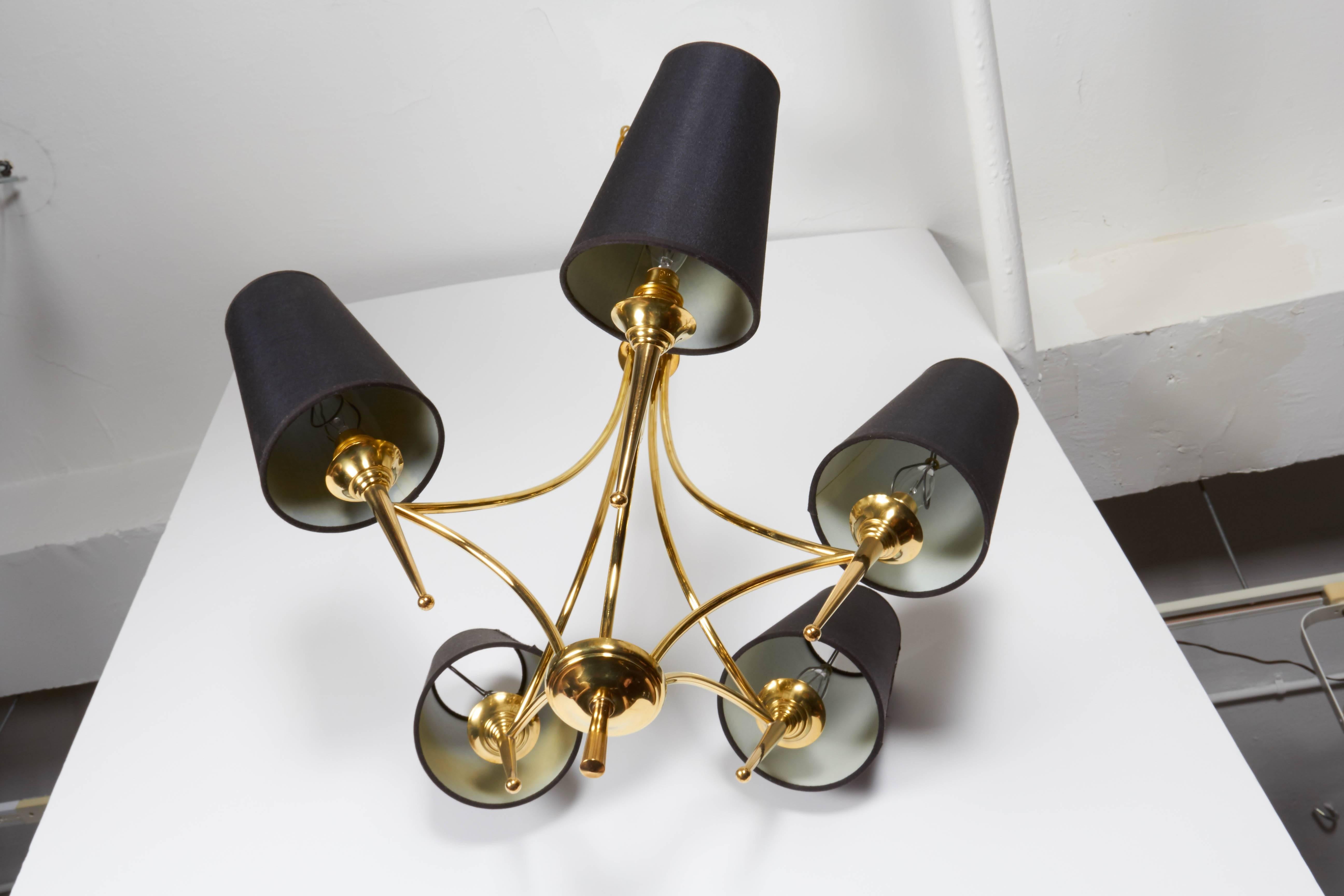 Jean Royère Style Five-Arm Brass Chandelier with Silk Shades In Excellent Condition In New York, NY