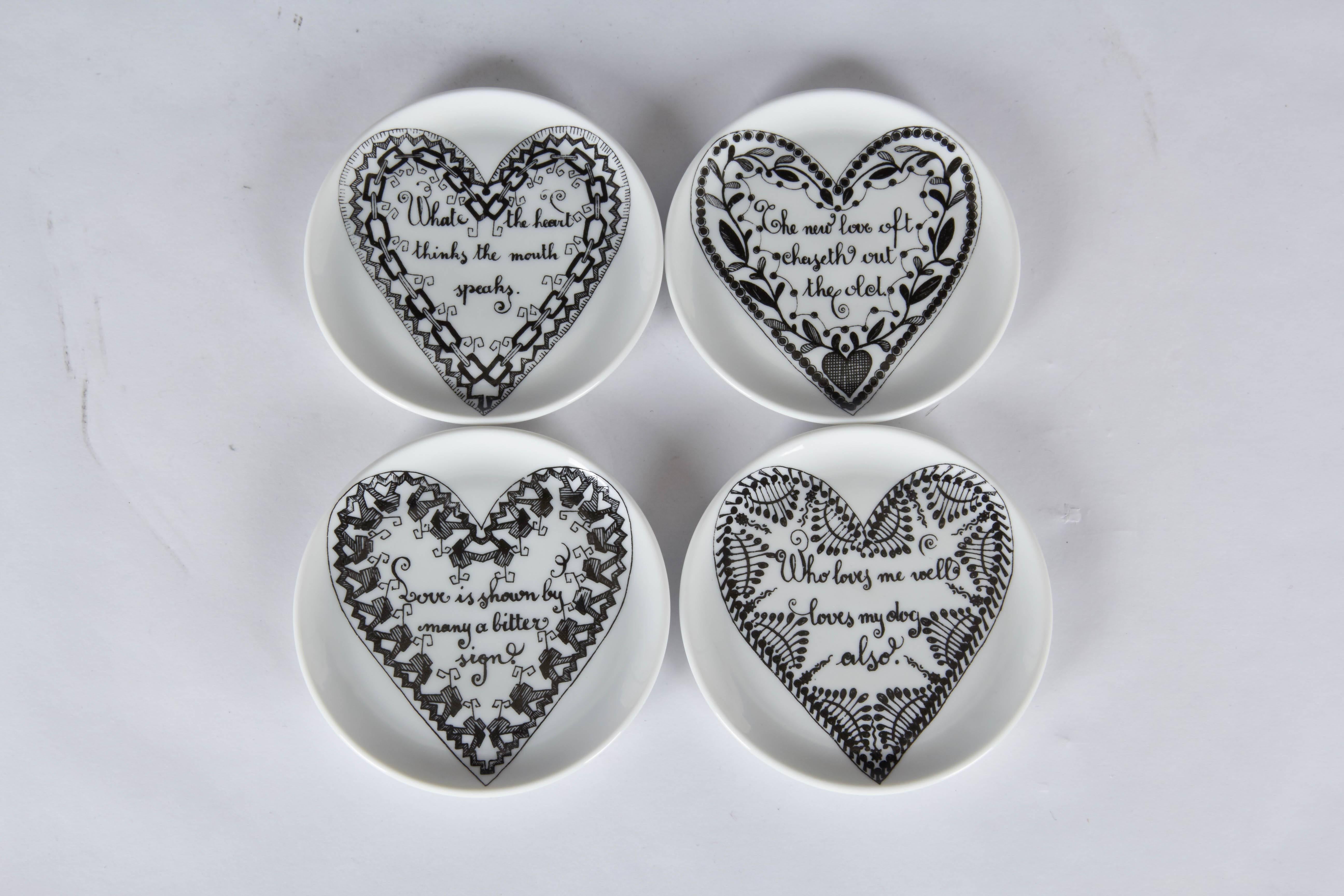 Italian Rare Set of Eight Piero Fornasetti Love Heart Coasters with Original Box