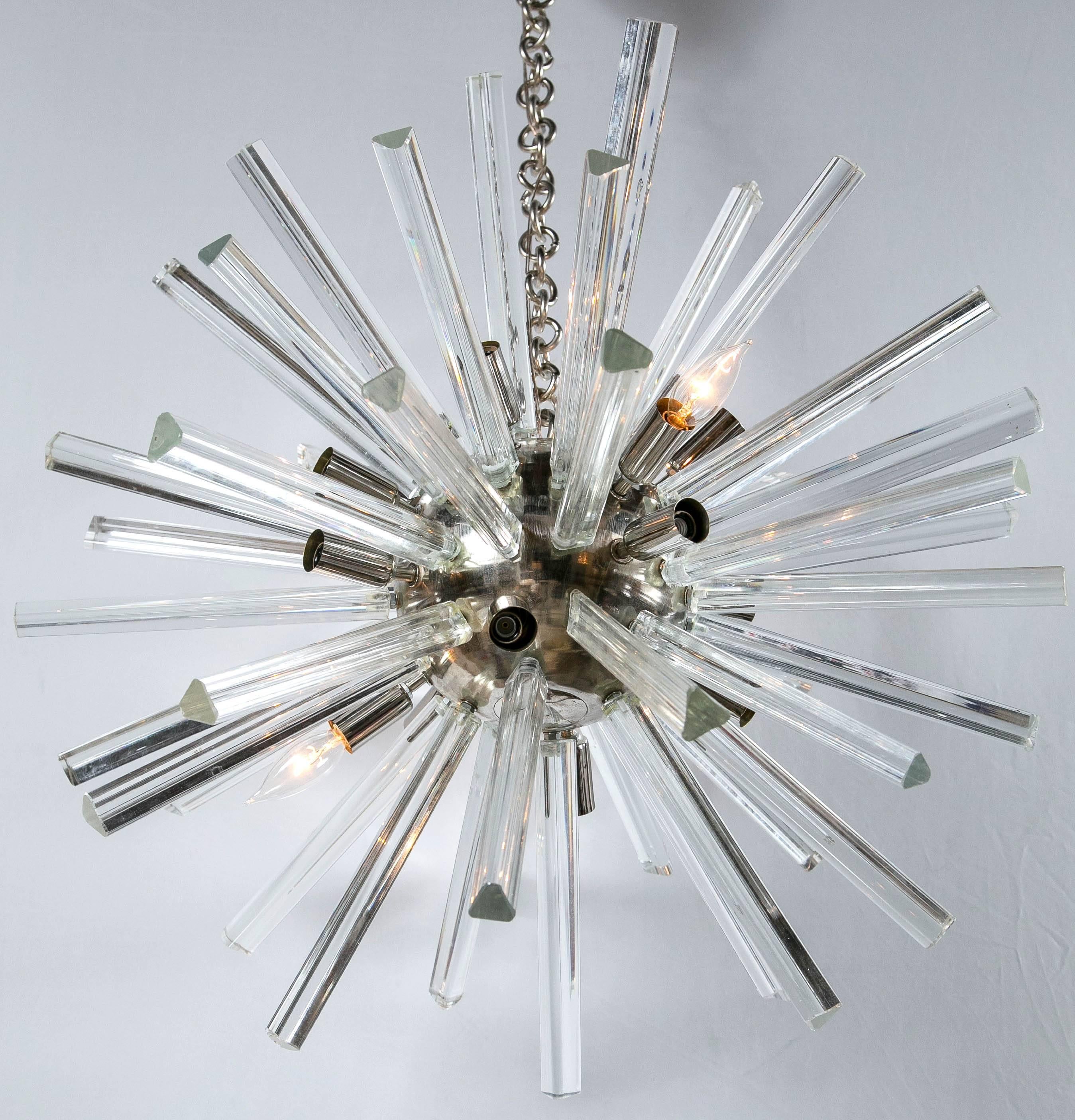 A Pair of Italian Mid-Century Modern Chrome Sputnik Chandeliers  In Good Condition In Stamford, CT