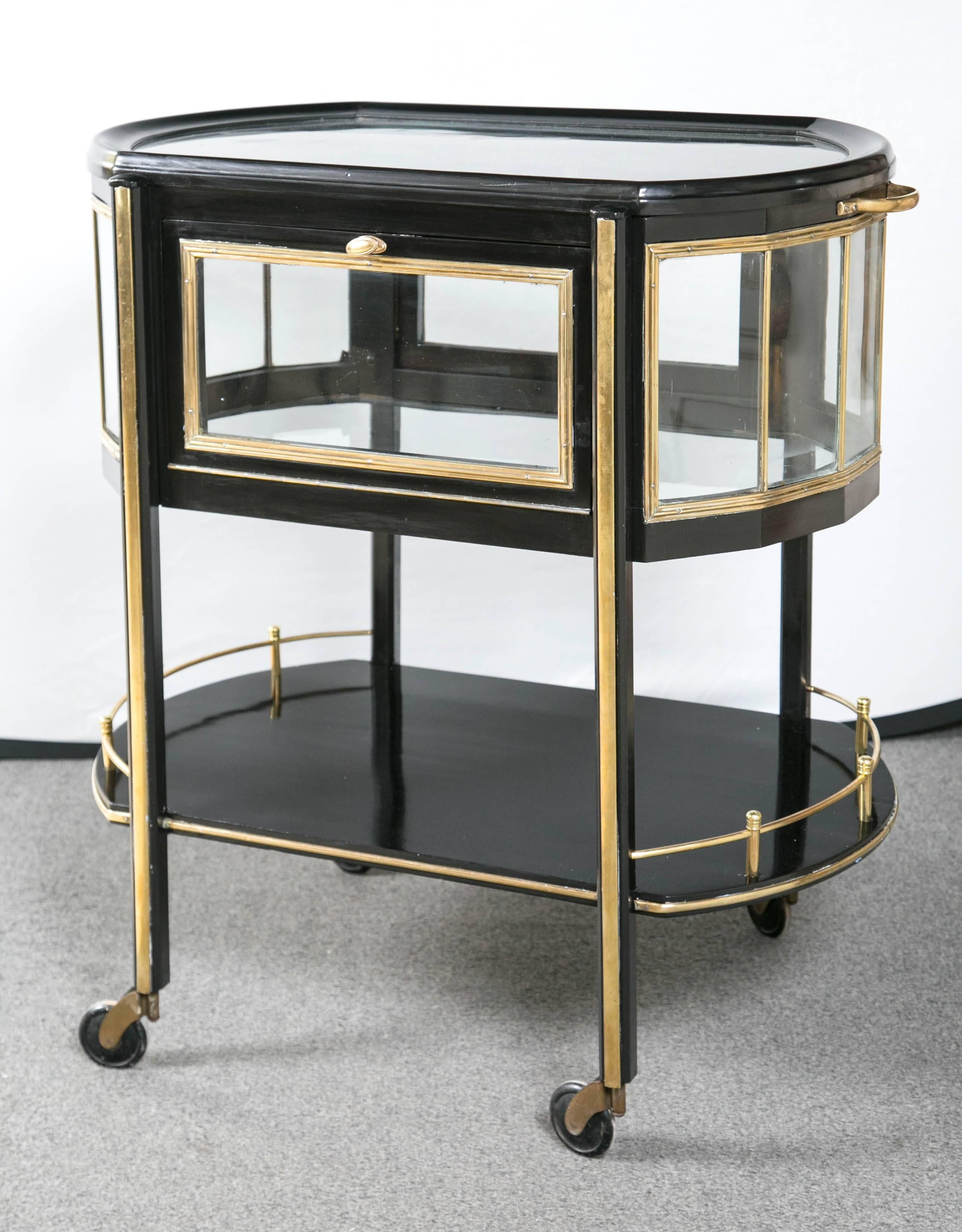 German Lacquered Mid-Century Modern Brass and Mahogany Ebonized Trolley In Good Condition In Stamford, CT