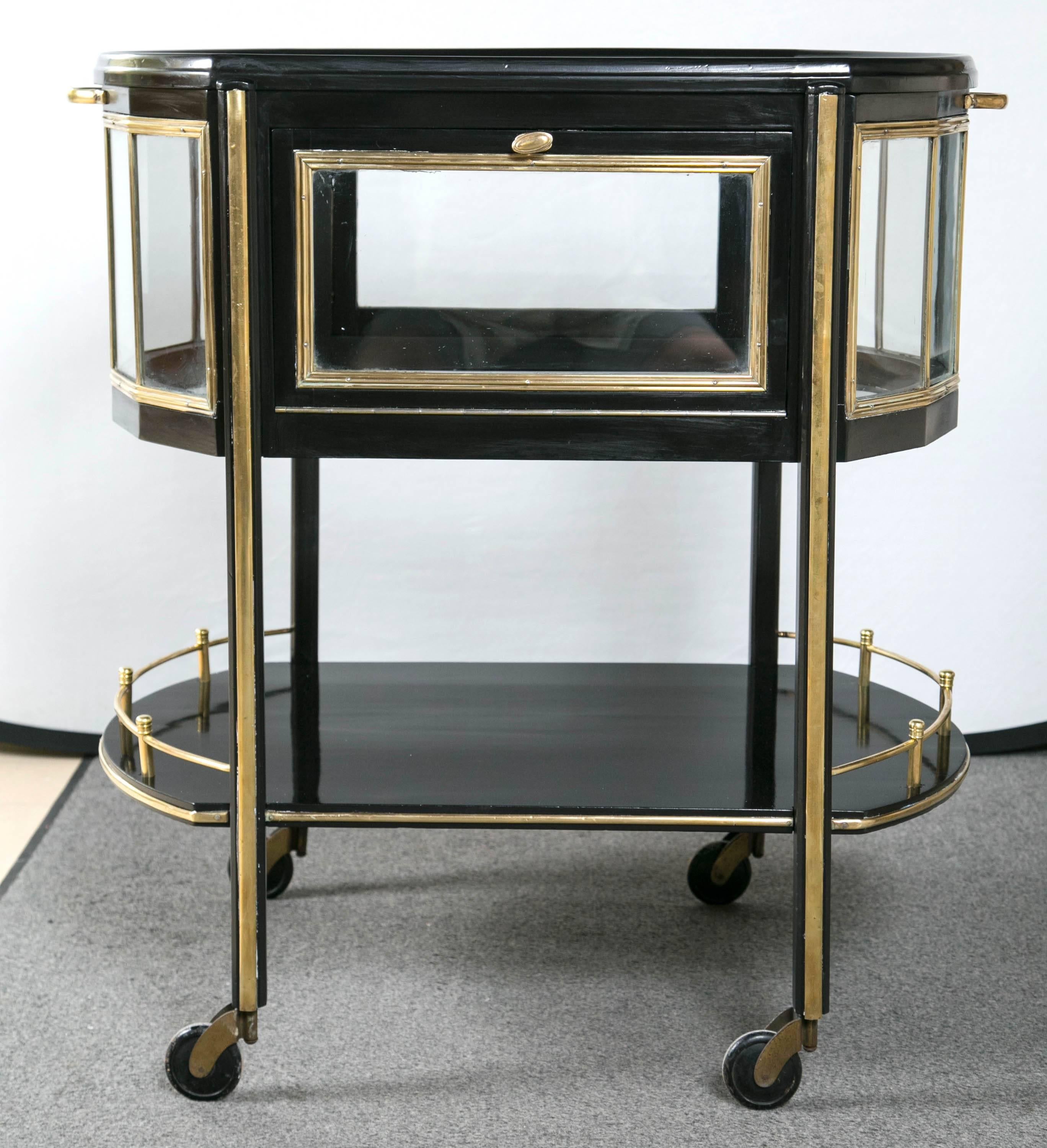 Mid-20th Century German Lacquered Mid-Century Modern Brass and Mahogany Ebonized Trolley