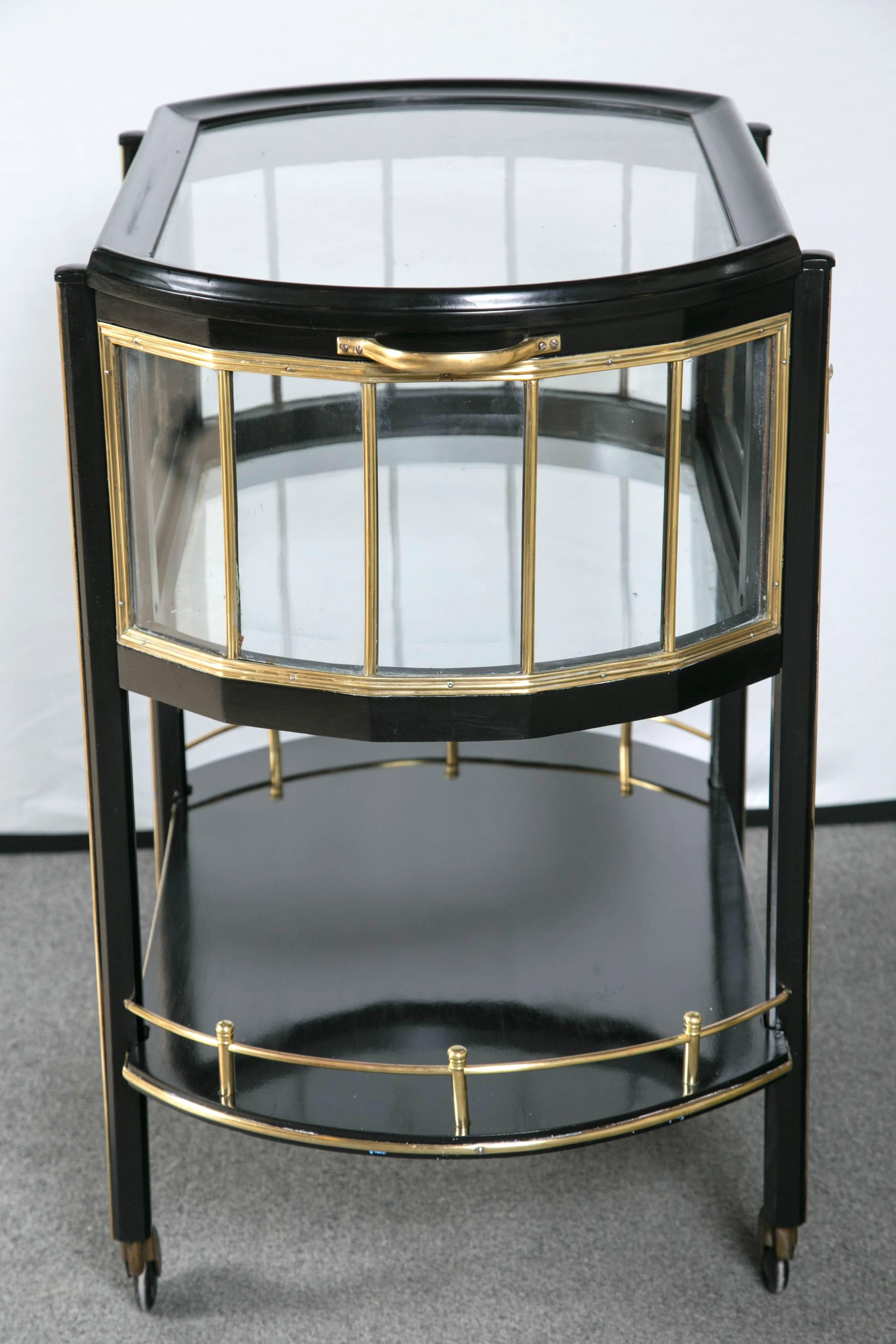 German Lacquered Mid-Century Modern Brass and Mahogany Ebonized Trolley 2