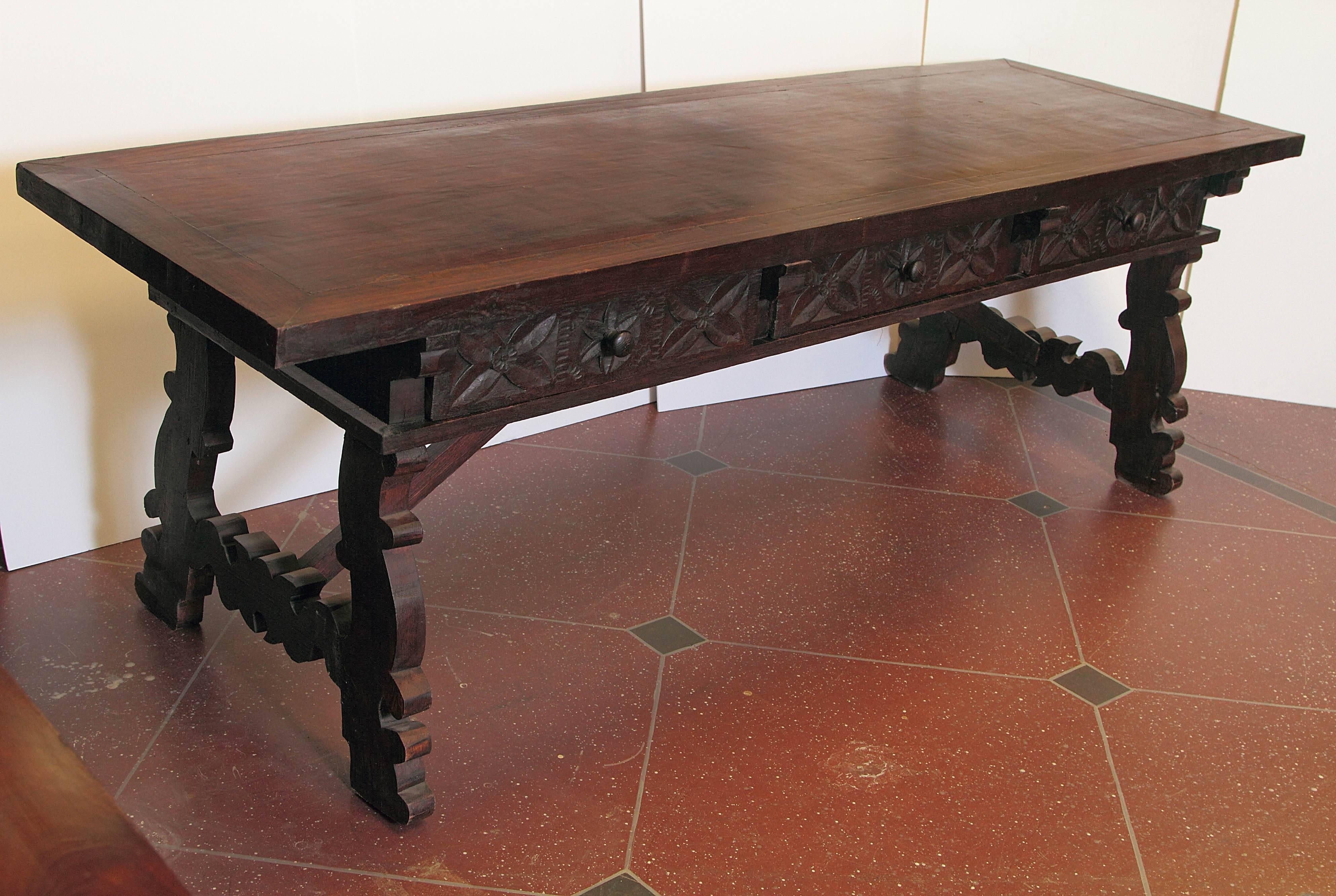 Carved Antique Spanish Walnut Trestle Table