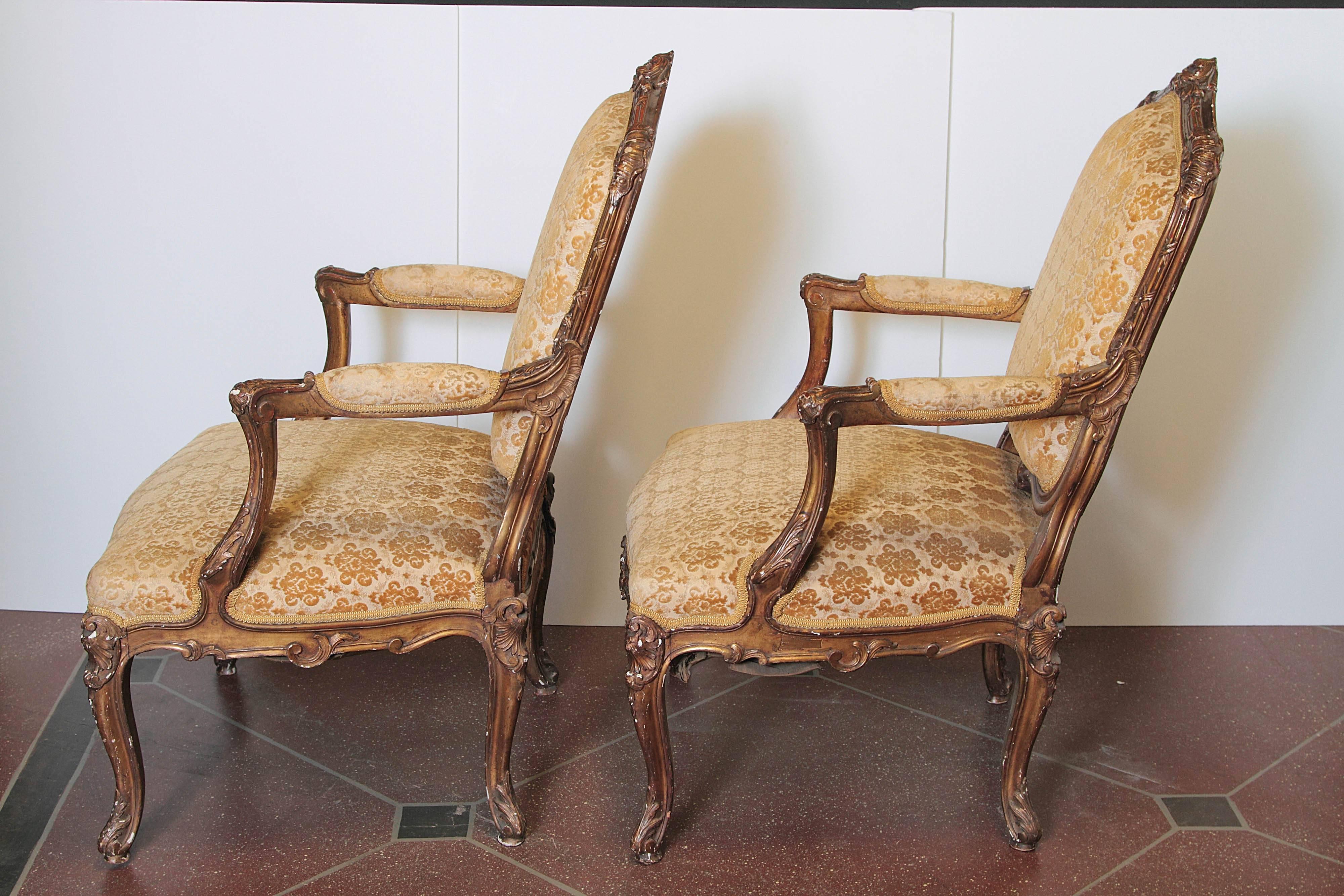 Louis XV Pair of 19th Century French Giltwood Armchairs