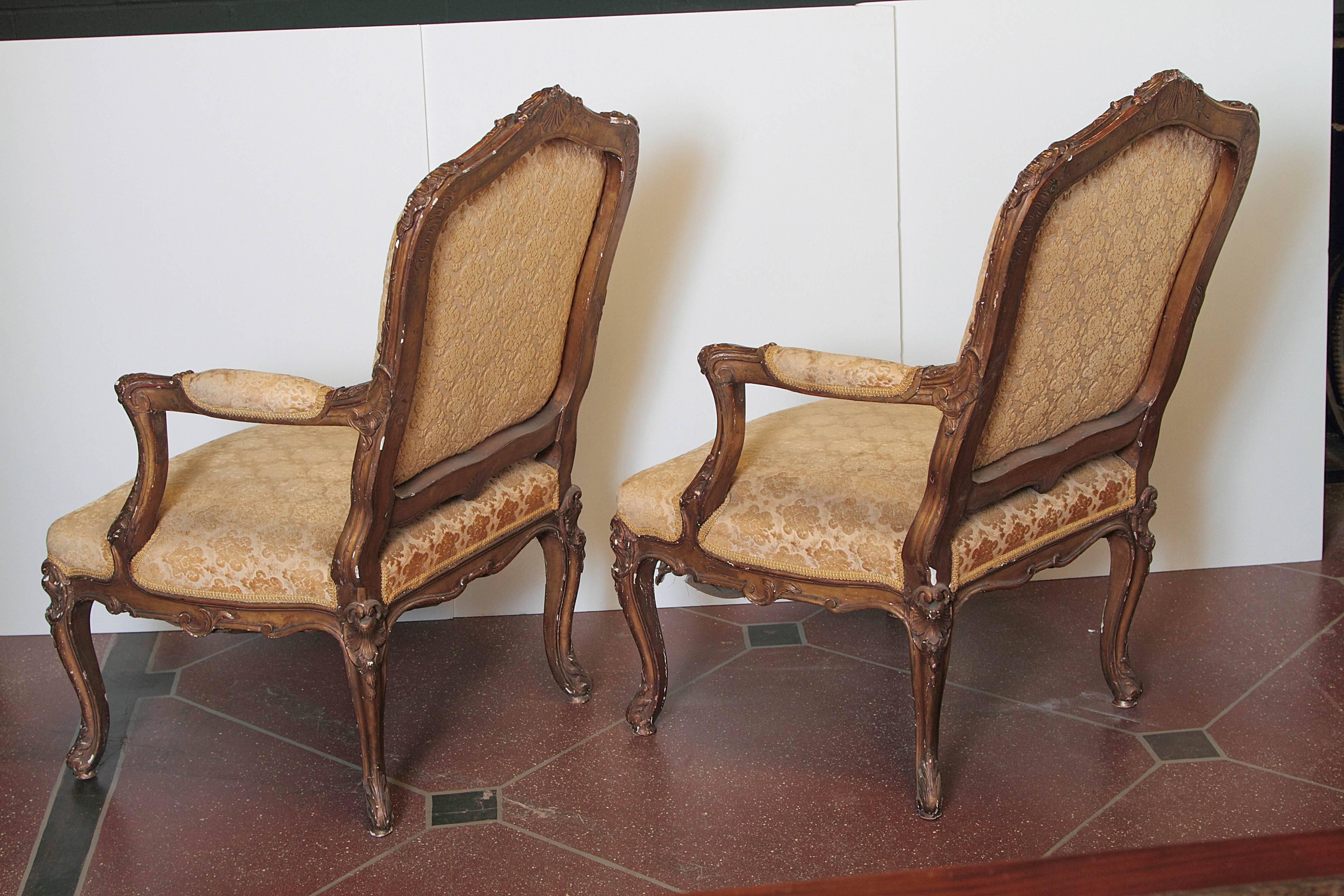 Carved Pair of 19th Century French Giltwood Armchairs