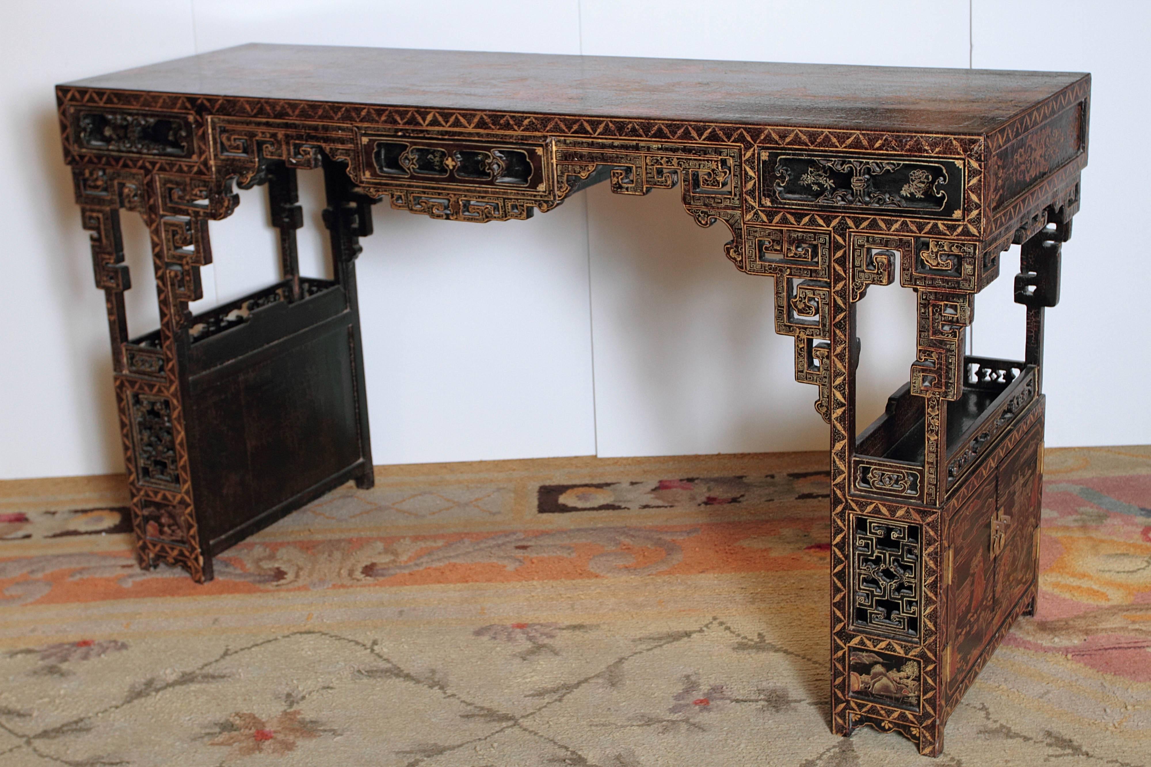 Chinoiserie 19th Century Chinese Lacquered Console, Drawers and Double Doors on Sides