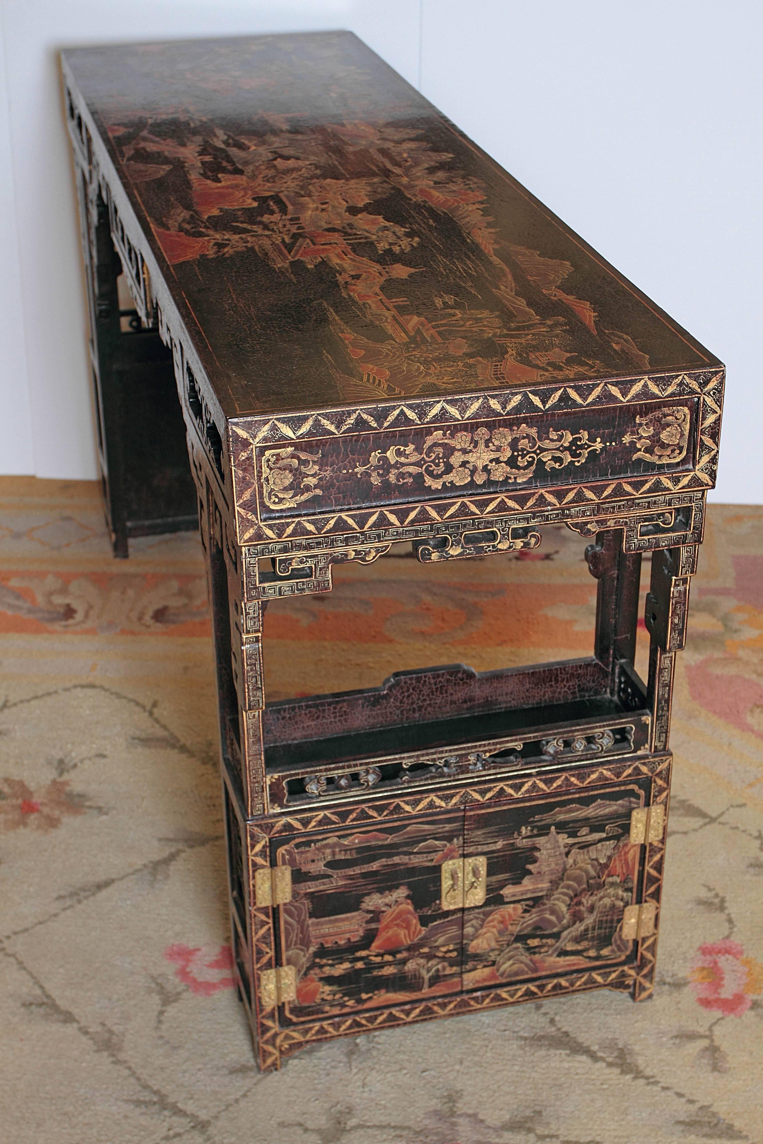 Carved 19th Century Chinese Lacquered Console, Drawers and Double Doors on Sides
