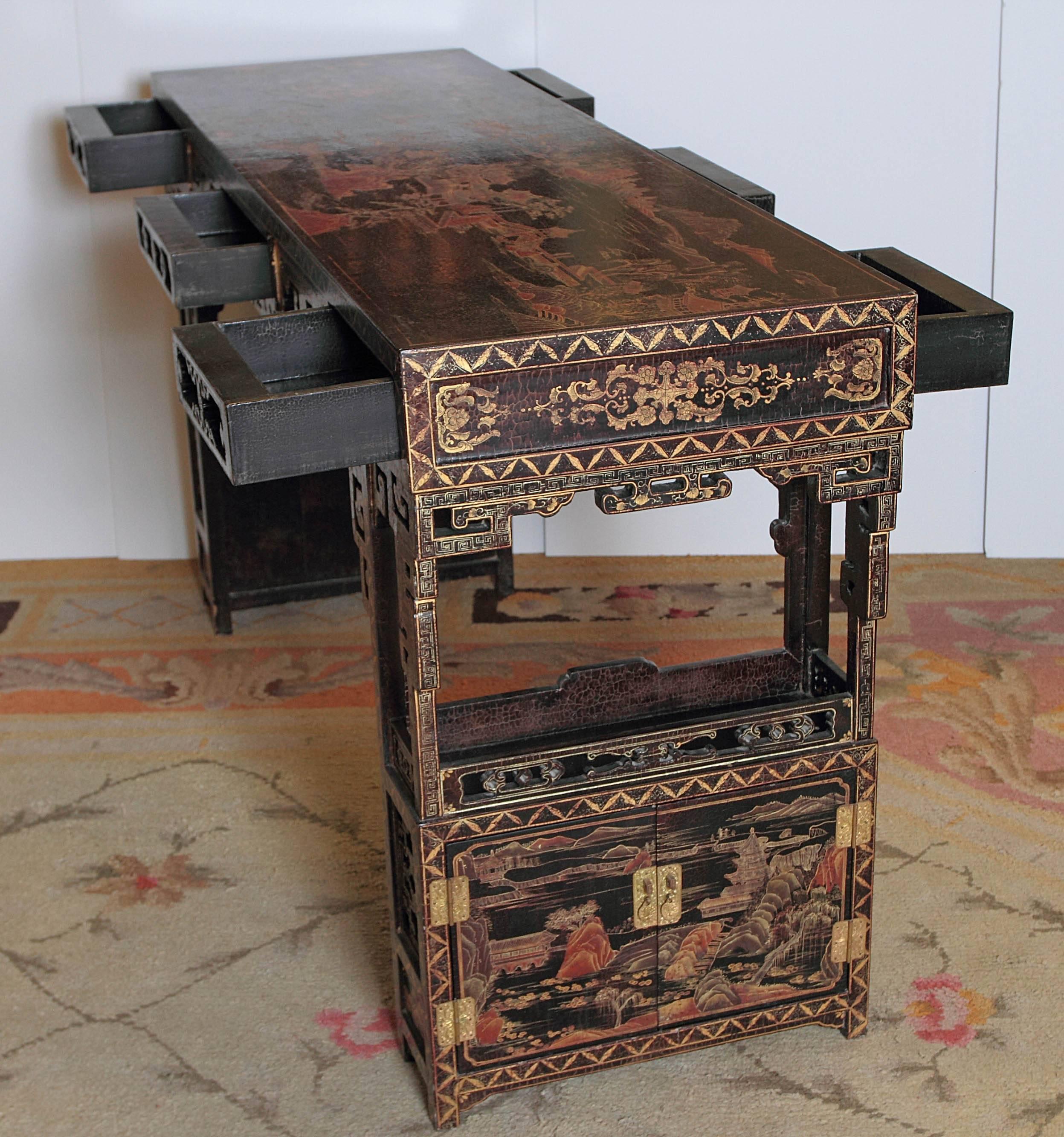 19th Century Chinese Lacquered Console, Drawers and Double Doors on Sides 1
