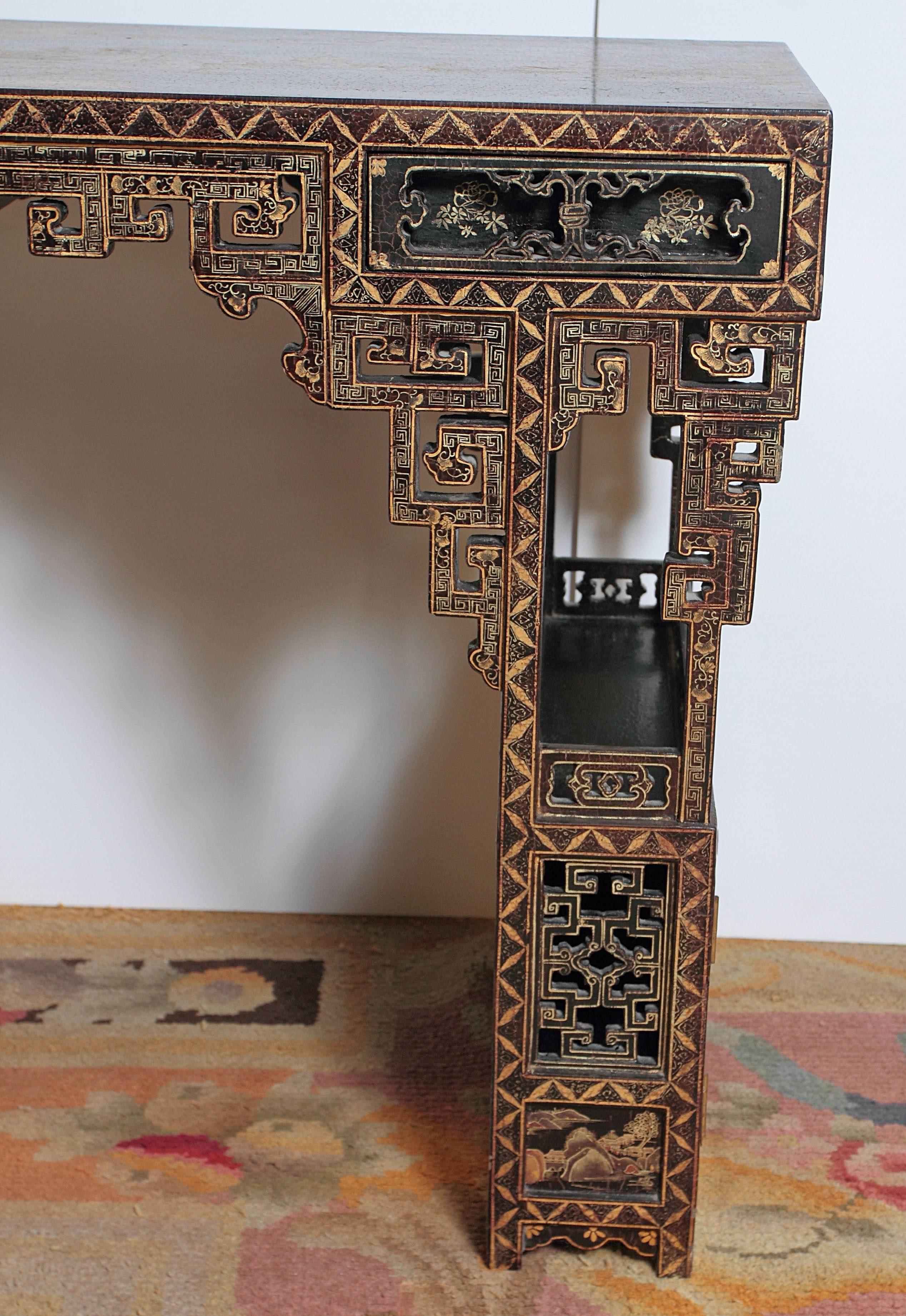 19th Century Chinese Lacquered Console, Drawers and Double Doors on Sides 2