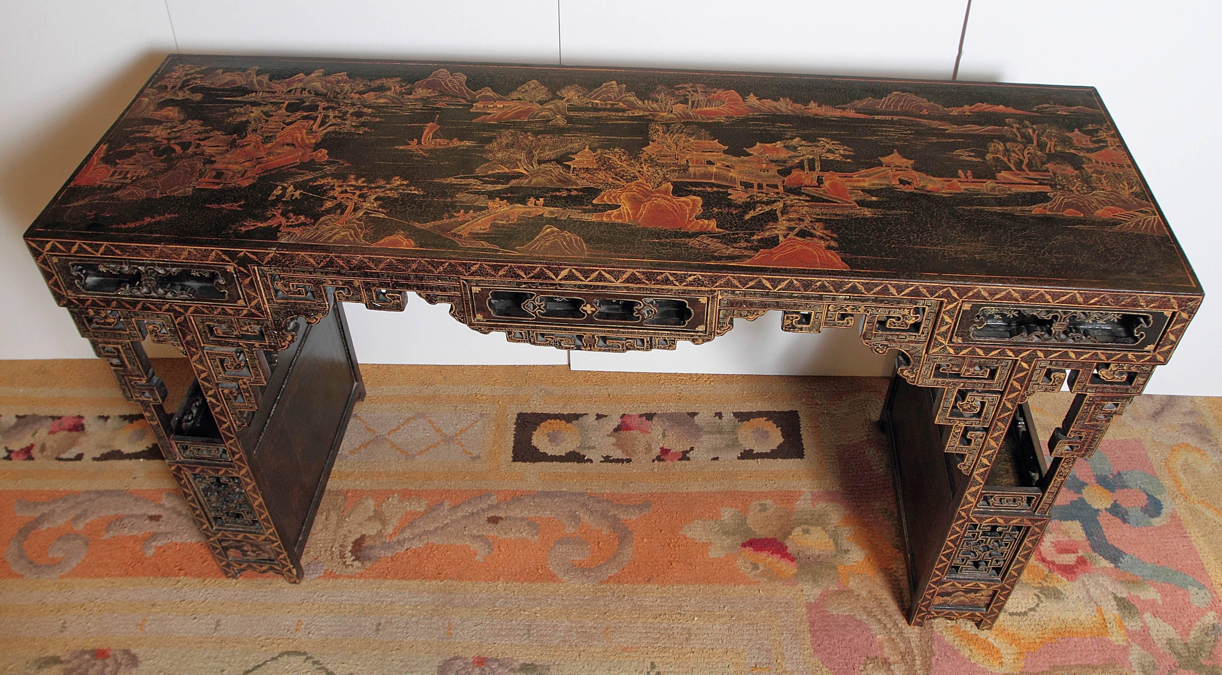 19th Century Chinese Lacquered Console, Drawers and Double Doors on Sides 3