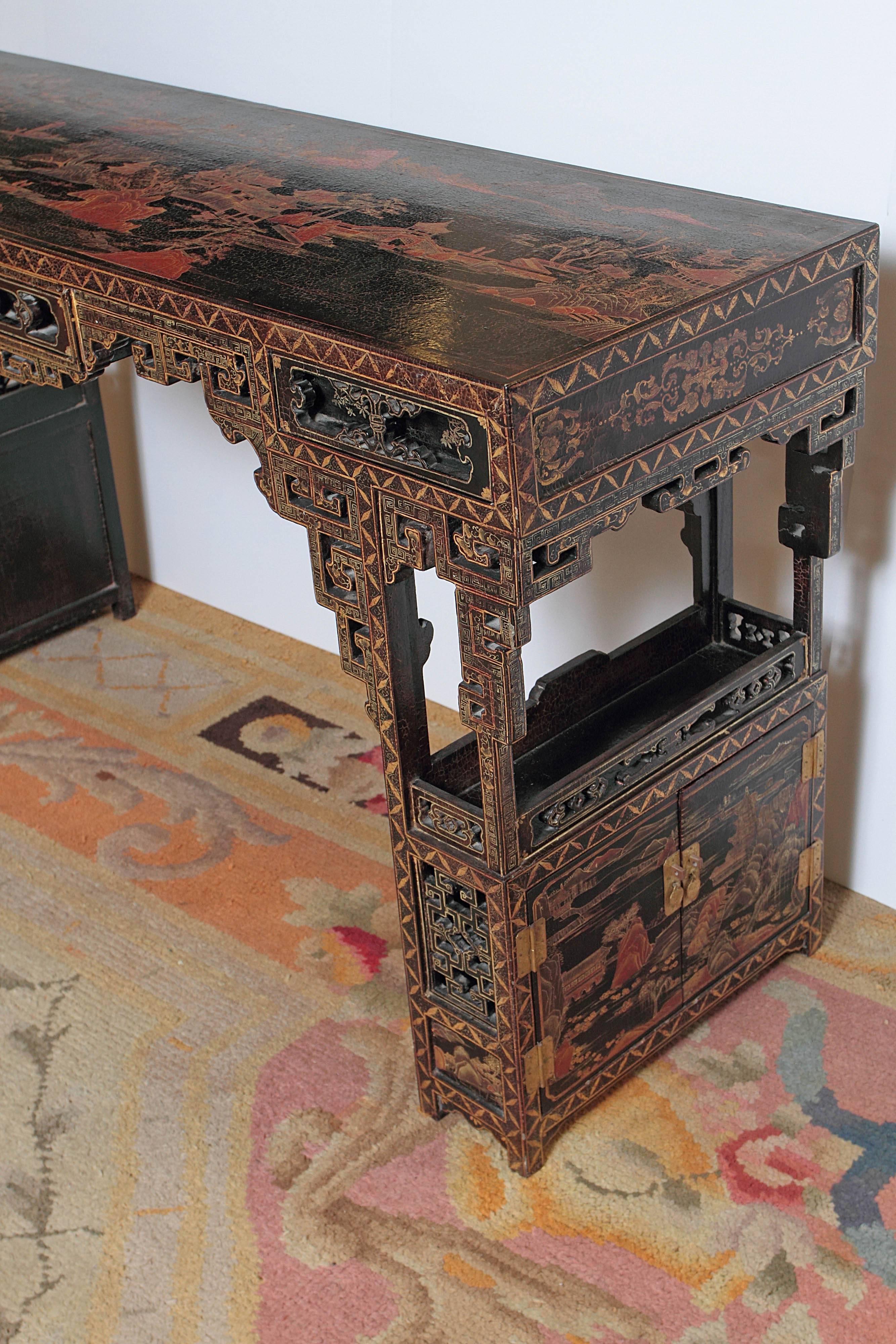 19th Century Chinese Lacquered Console, Drawers and Double Doors on Sides 5