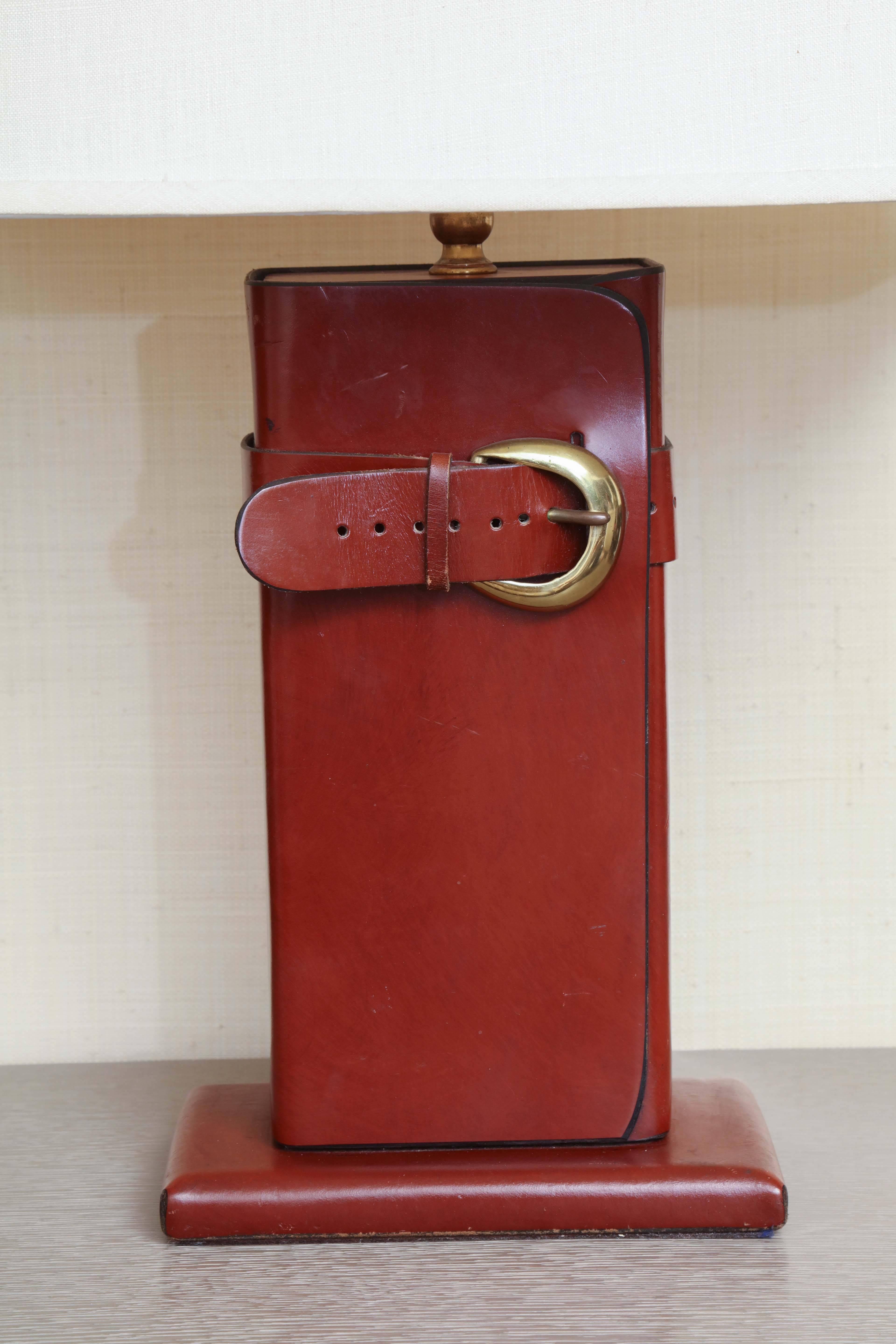 American Leather Lamp with Brass Buckle, circa 1960