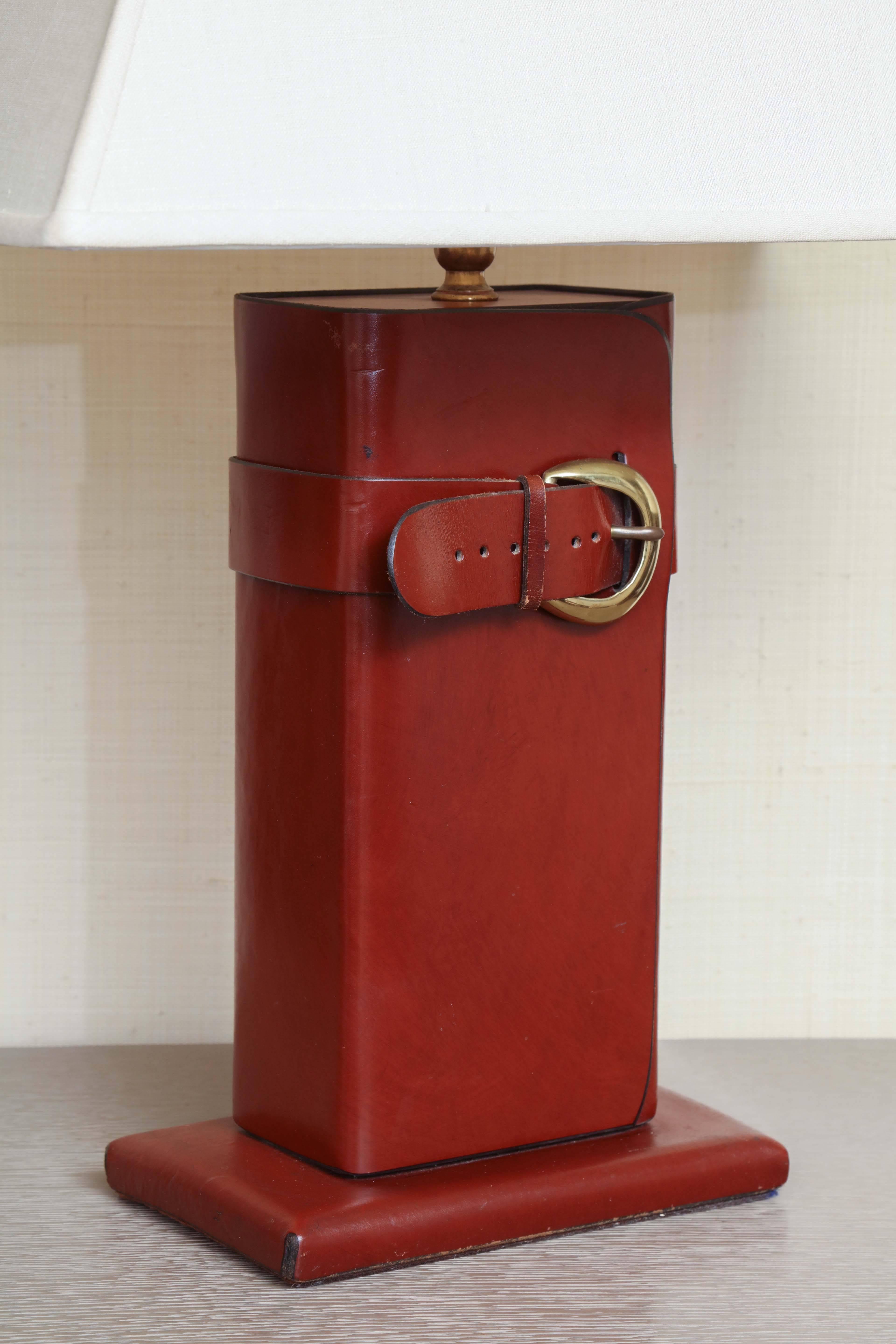 Leather Lamp with Brass Buckle, circa 1960 In Excellent Condition In New York, NY