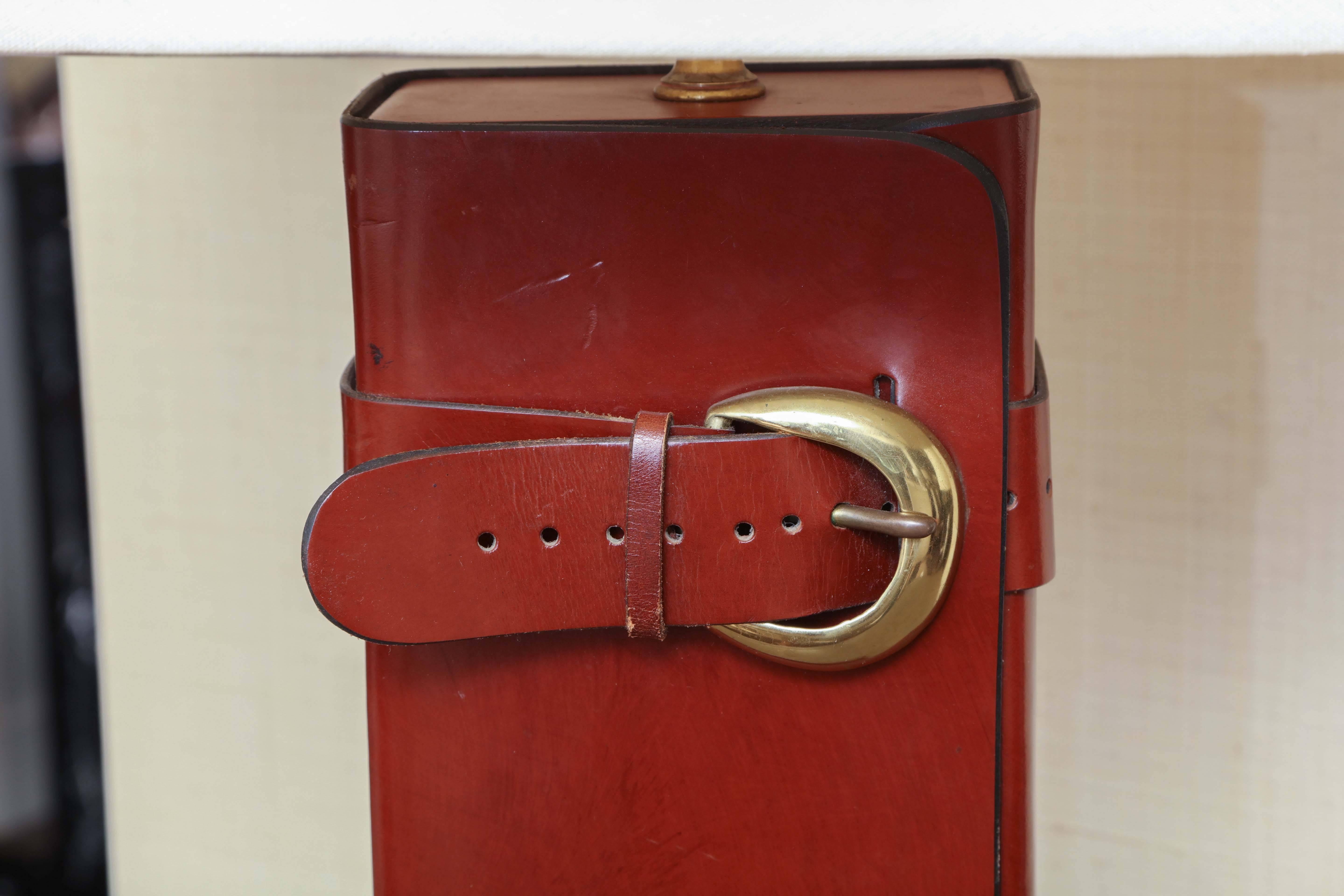 Mid-20th Century Leather Lamp with Brass Buckle, circa 1960