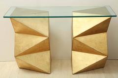 1970s French Geometric Form Giltwood and Glass Console Table